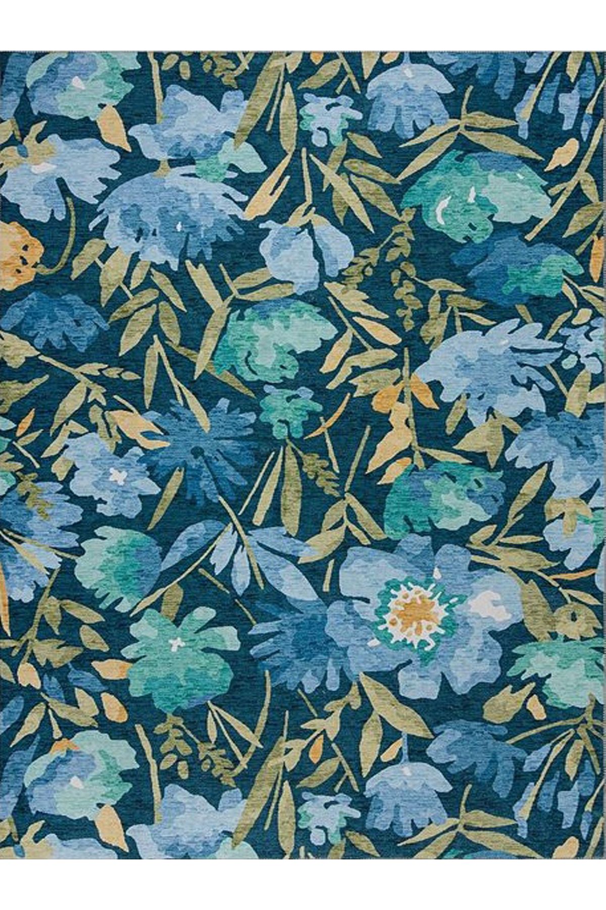 Kuzey Koleksiyonu Mavi Yeşil Çiçekler Desenli Dokuma Taban Dekoratif Halı kuzey31