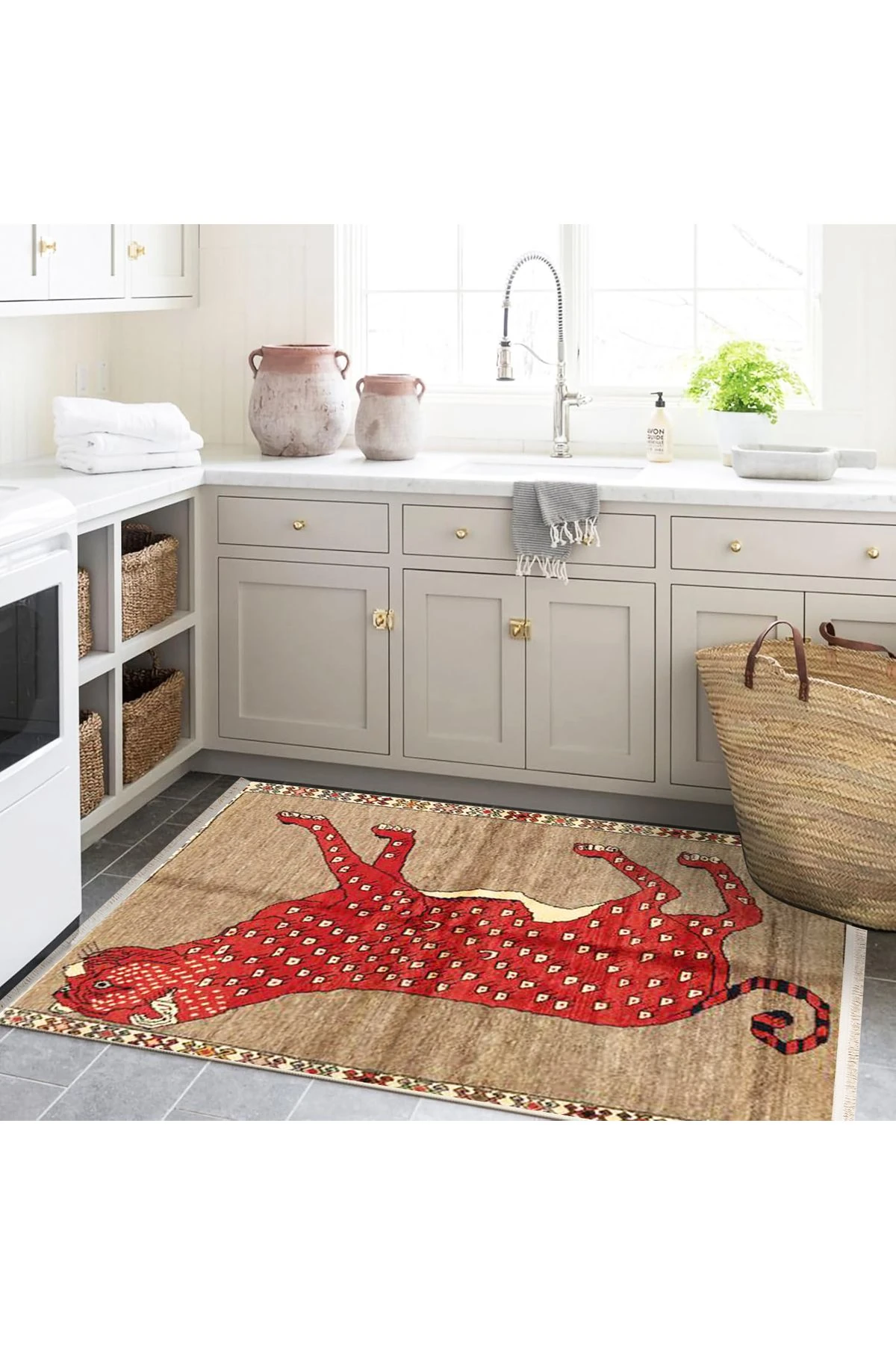 Özge Koleksiyonu Kırmızı Bej Hayvan Desenli Dokuma Taban Modern Dekoratif Halı özge34