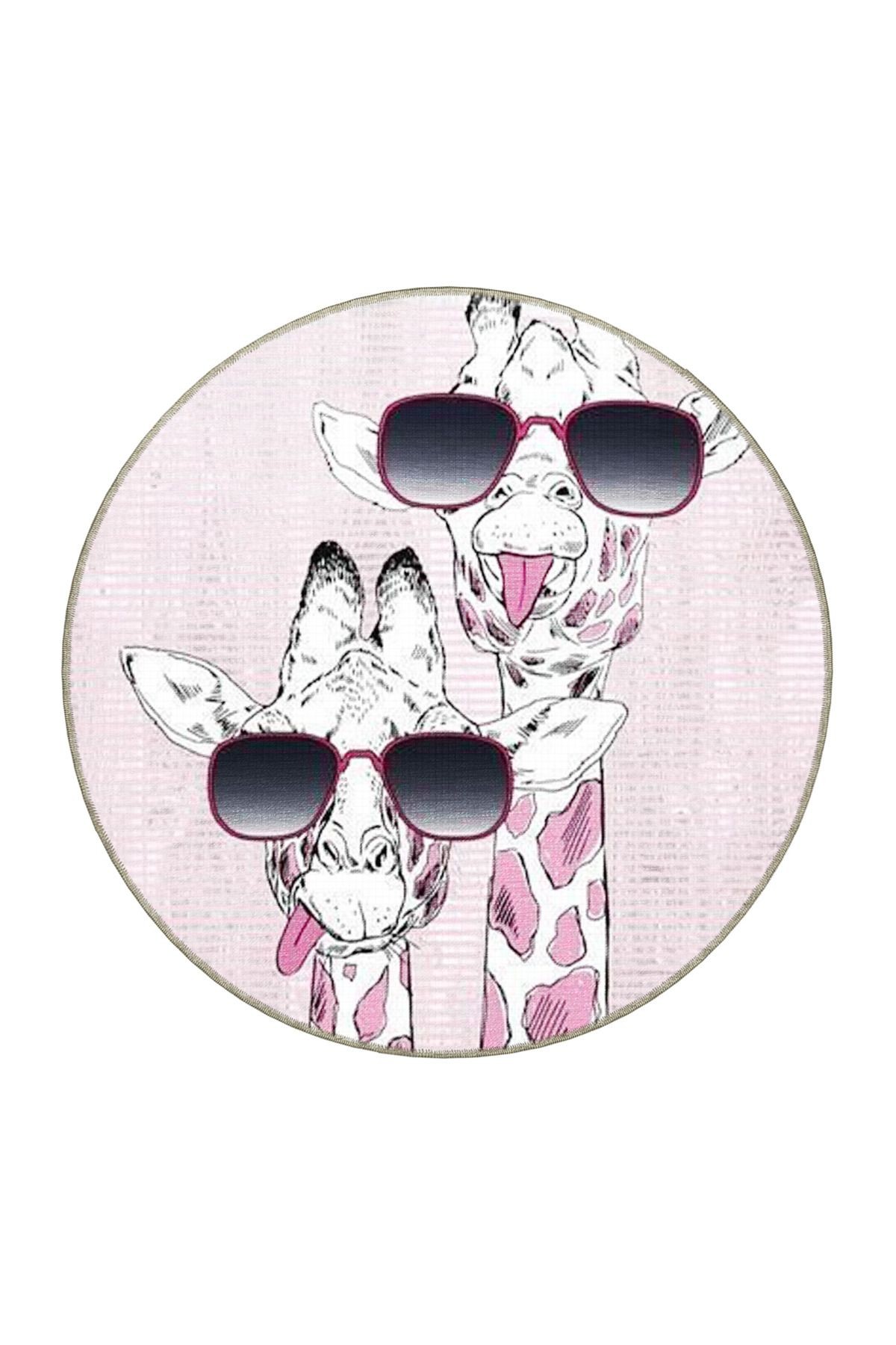 Pudra Pembe Temalı Güneş Gözlüklü Zürafa Desenli Kreatif Modern Dekoratif Halı 3842