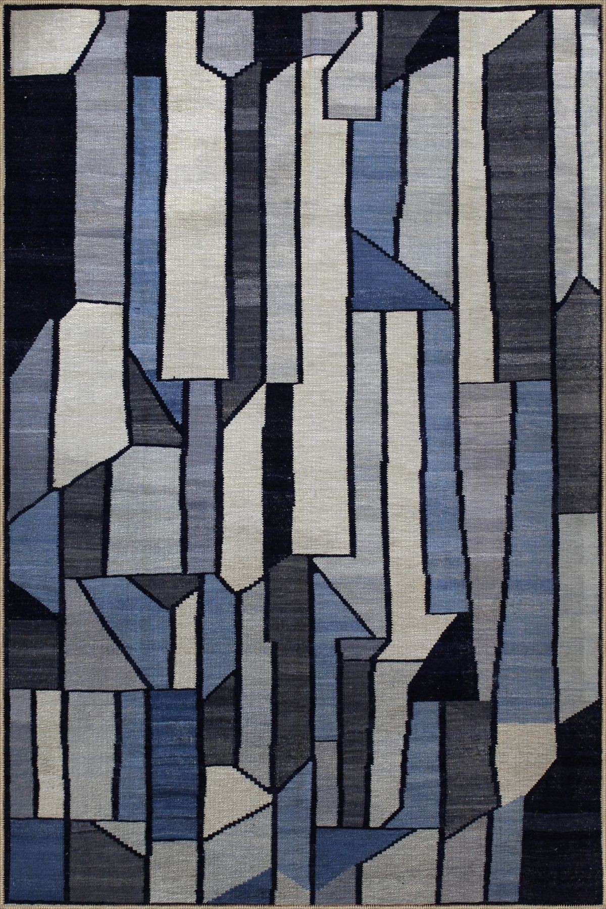 Mavi Gri Temalı Karma Geometrik Şekil Desenli Modern Dekoratif Halı 2709