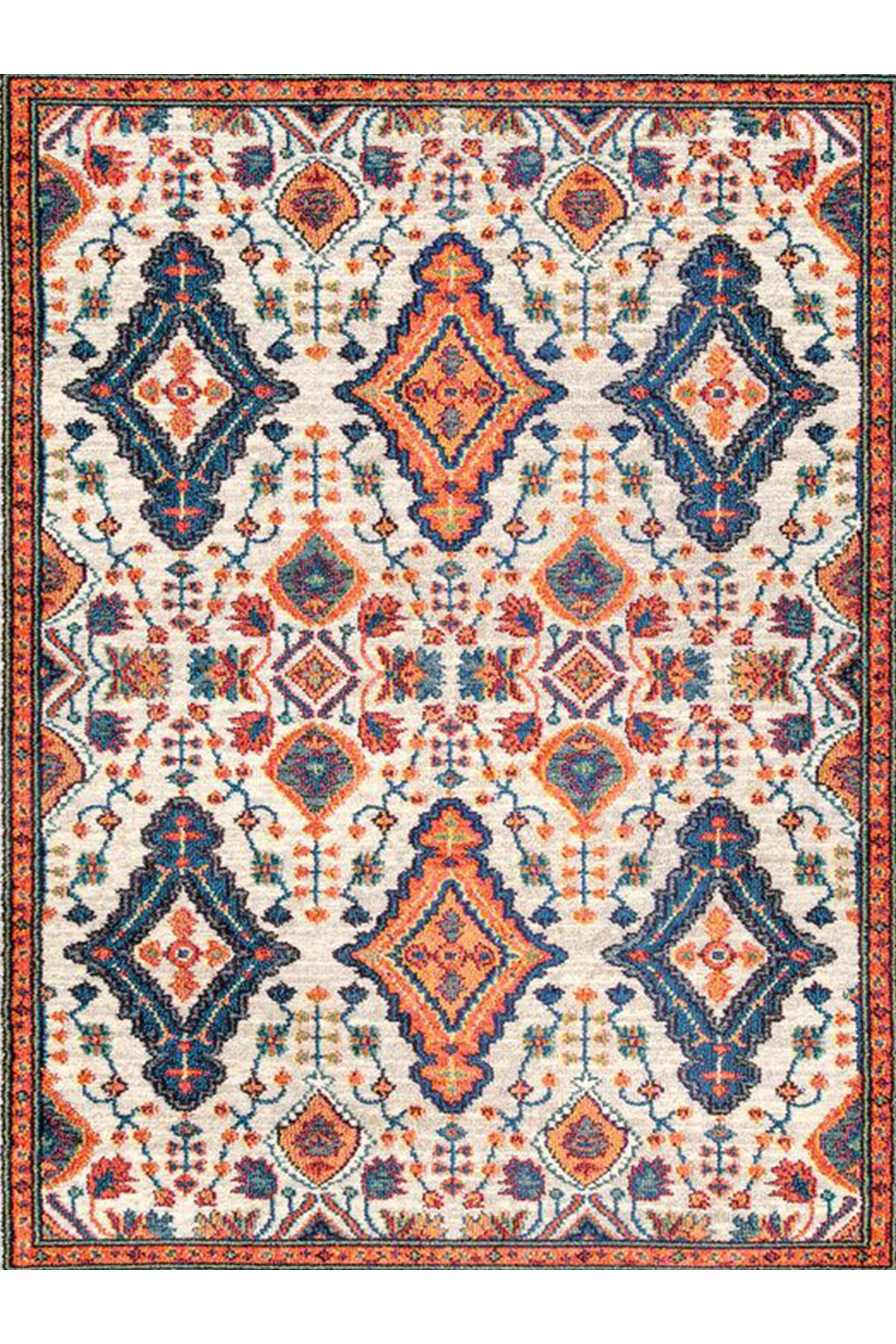 Asya Koleksiyonu Turuncu Lacivert Etnik Desenli Dokuma Taban Modern Dekoratif Halı asya31