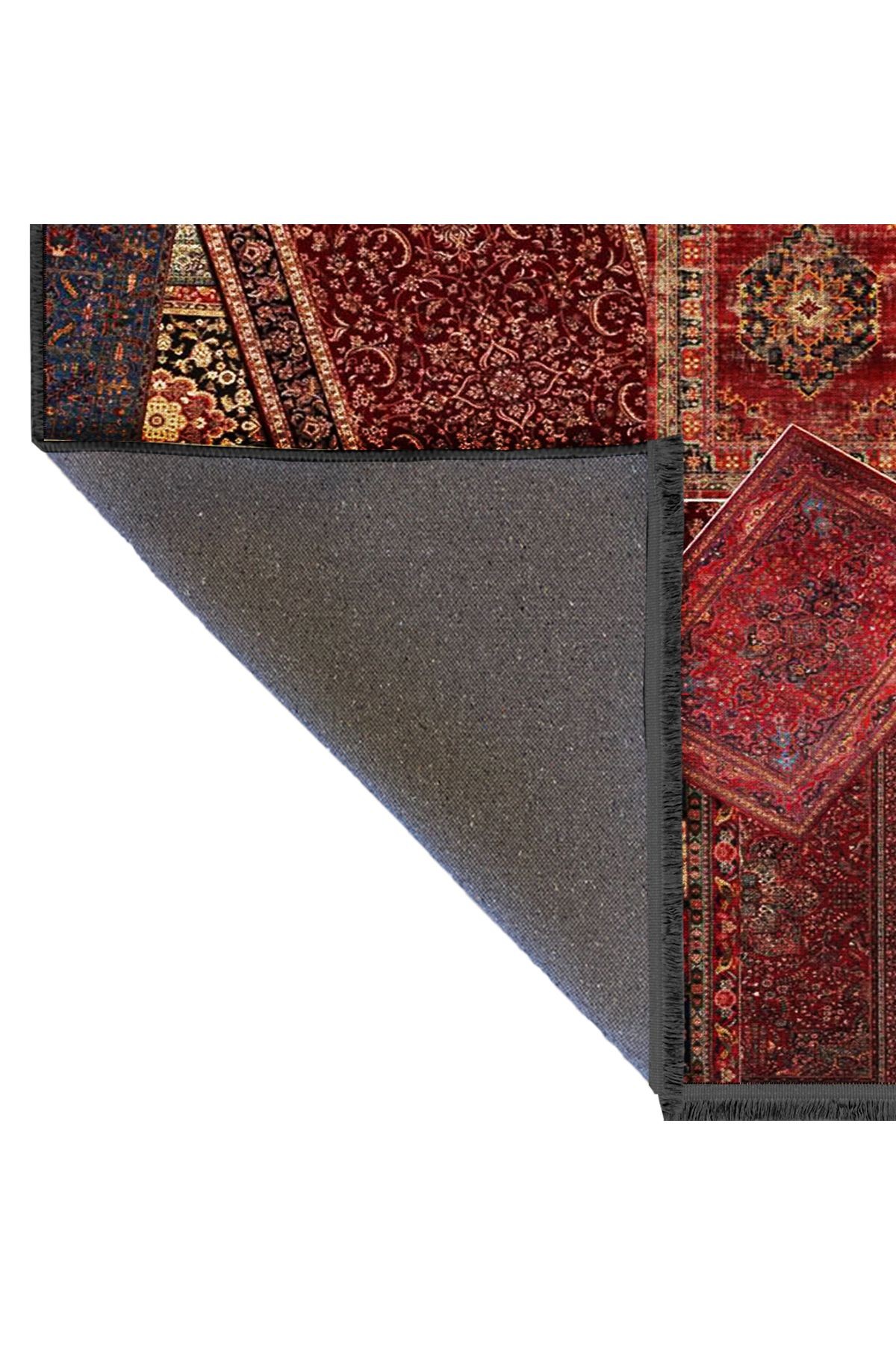Kuvars Koleksiyonu Çok Renkli Vintage Motifler Desenli Dokuma Taban Etnik Dekoratif Halı kuvars19