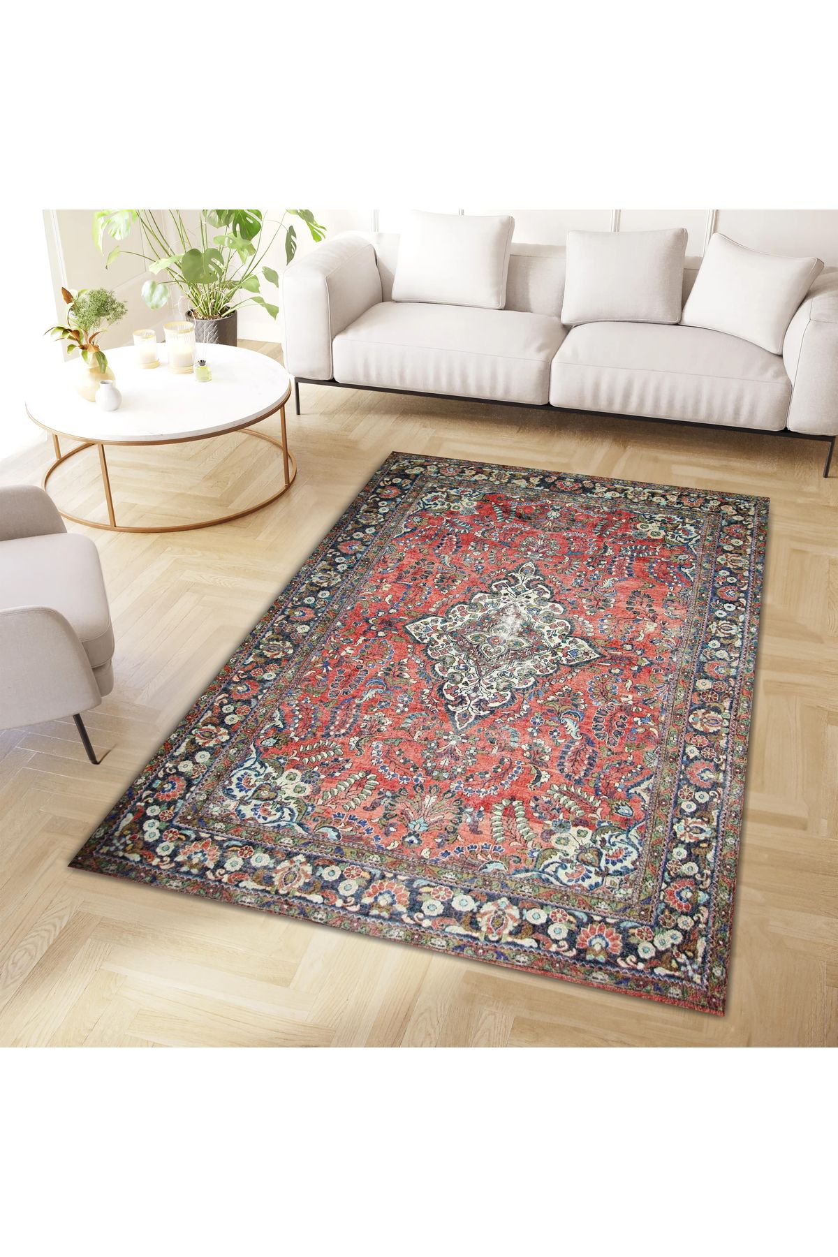 Mete Koleksiyonu Turuncu Temalı Geleneksel Motif Desenli Vintage Dekoratif Halı 28