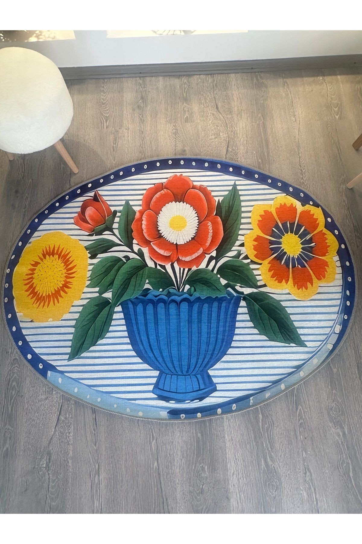 Leyla Koleksiyonu Vazoda Çiçekler Desenli Elips Dokuma Taban Dekoratif Halı leyla53