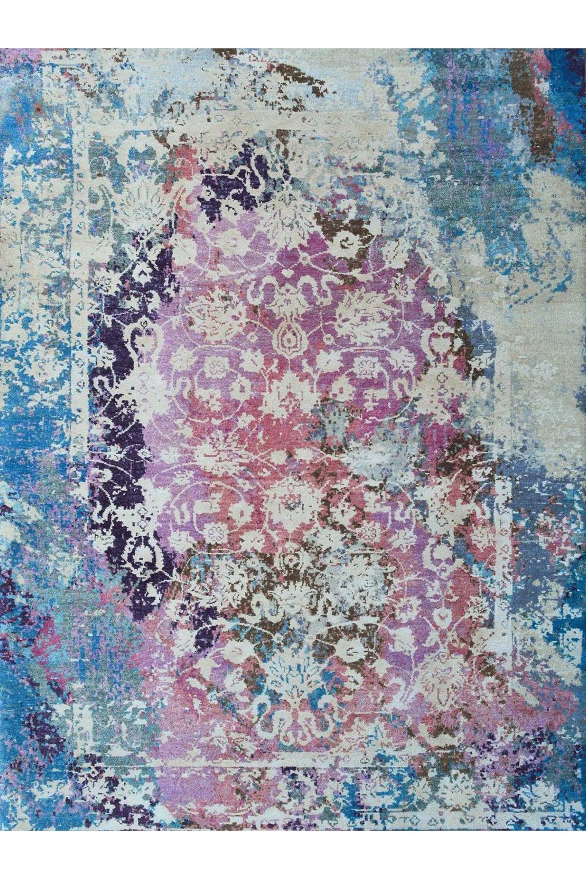 Barcelona Koleksiyonu Eskitme Görünümlü Mavi Pembe Desenli Vintage Dekoratif Halı barcelona35
