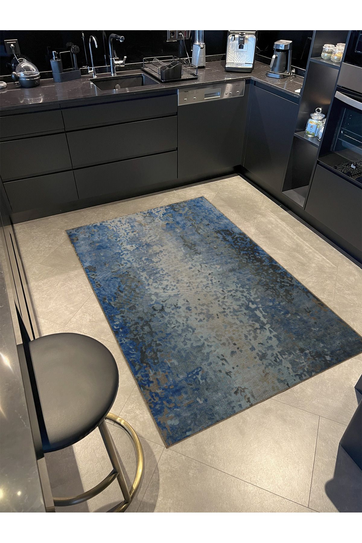 Gri Mavi Tonları Soyut Desenli Kreatif Modern Dekoratif Halı 5233