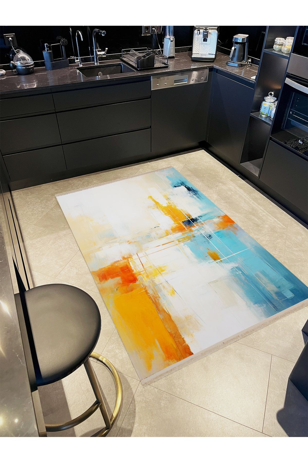 Asena Koleksiyonu Mavi Sarı Temalı Soyut Abstract Duman Desenli Modern Dekoratif Halı 37