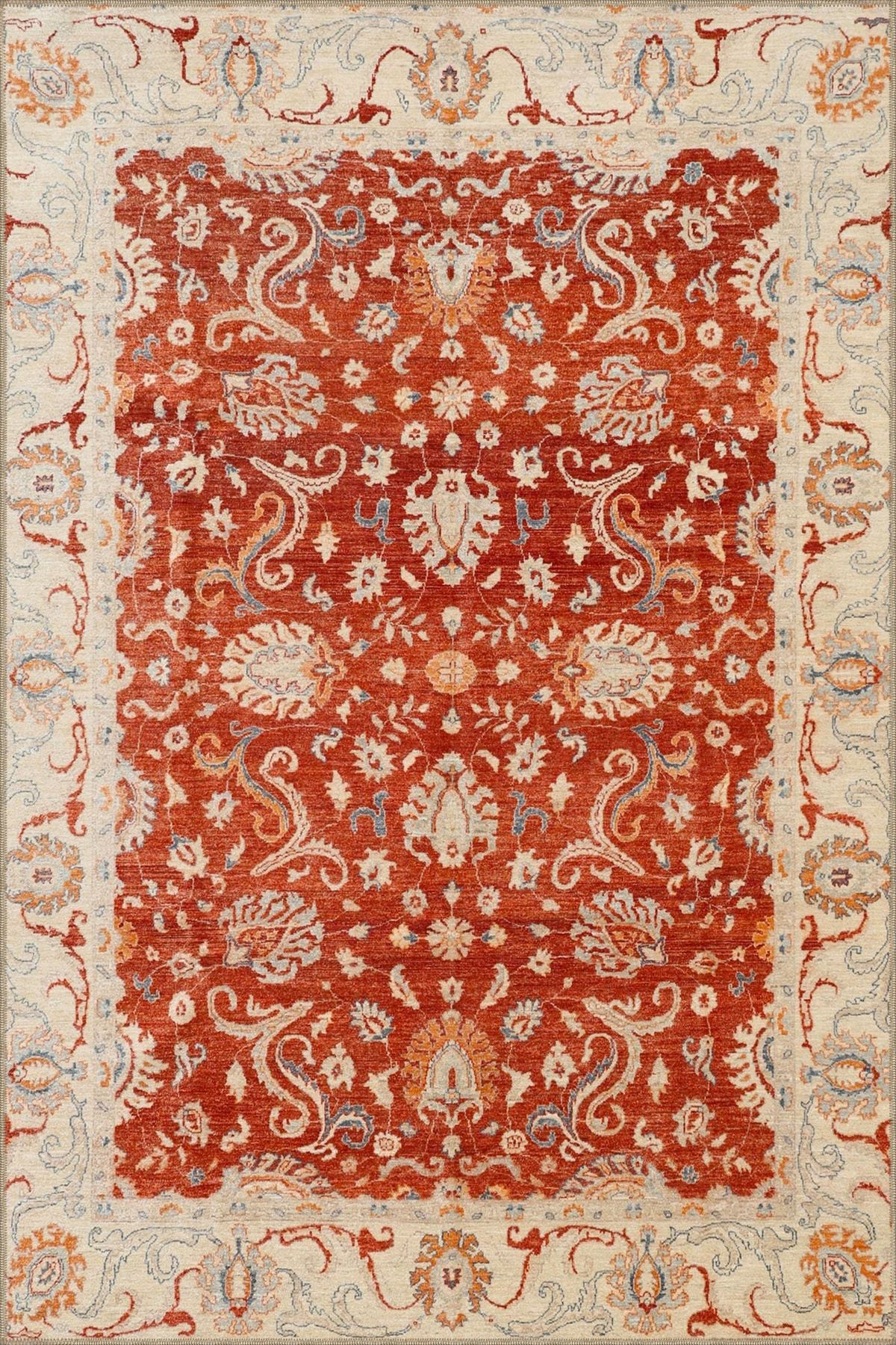 Turuncu Çok Renkli Çerçeveli Çiçekli Baklavalı Desenli Dokuma Taban Halı ve Yıkanabilir Halı aloha83