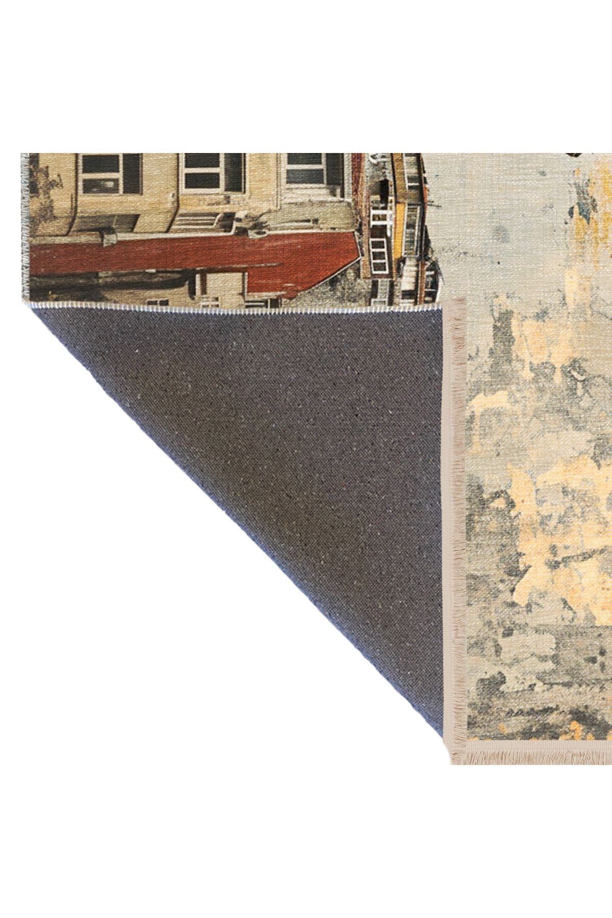 Dido 2 Koleksiyonu Çok Renkli Bina Ve Kule Desenli Saçaklı Vintage Dekoratif Halı 3257