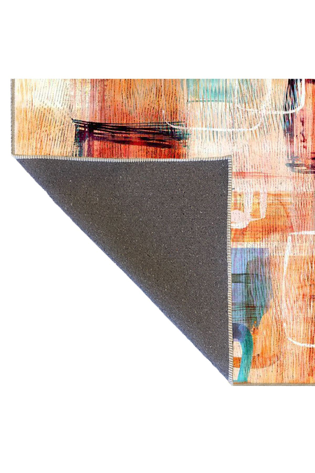 Turuncu Pastelli Geometrik Desenli Sarı Tonlarda Dekoratif Yıkanabilir Halı miravip8965