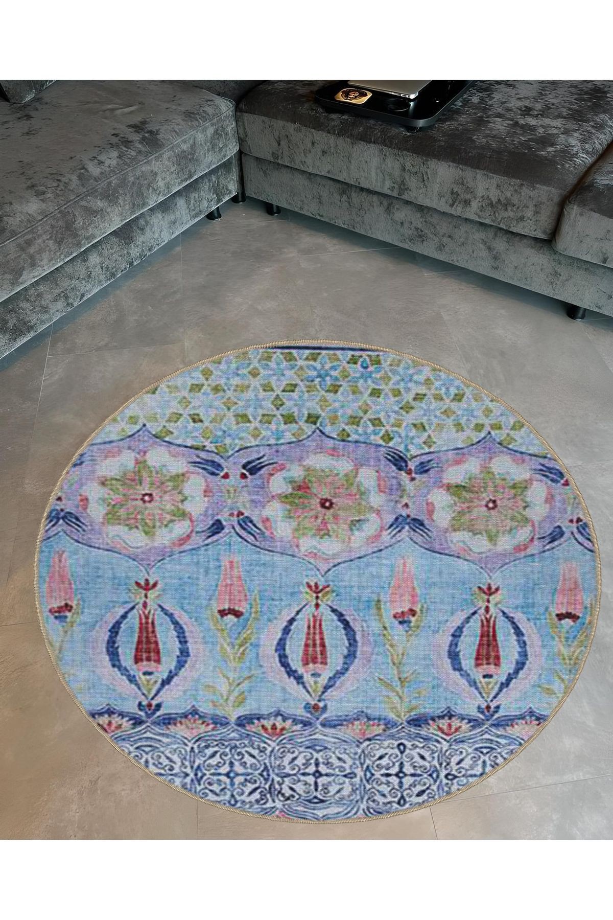Mavi Temalı Geleneksel Motif Desenli Yuvarlak Dokuma Taban Vintage Dekoratif Halı 6060