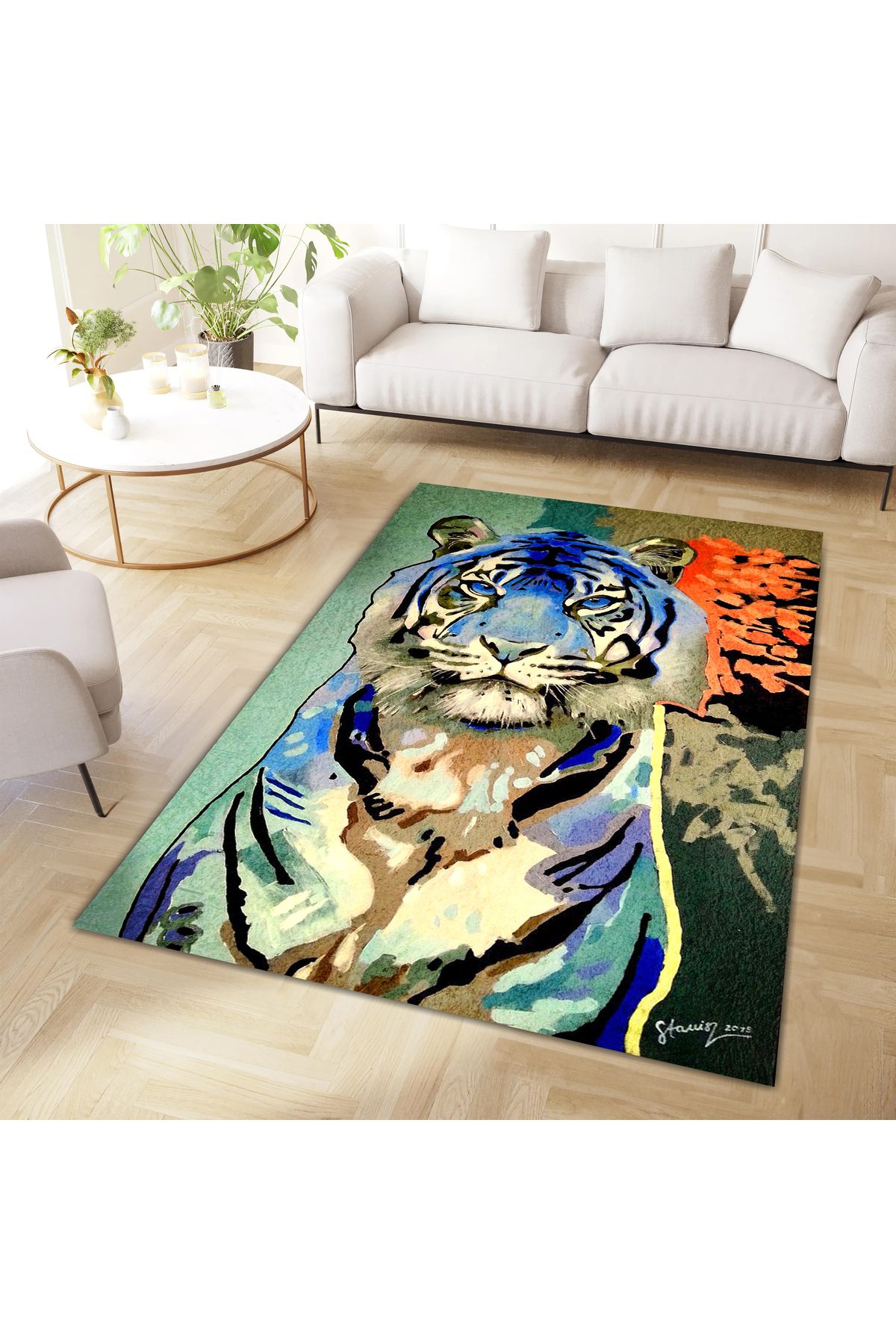 Kuzey Koleksiyonu Mavi Turuncu Detaylı Kaplan Desenli Dokuma Taban Dekoratif Halı kuzey27