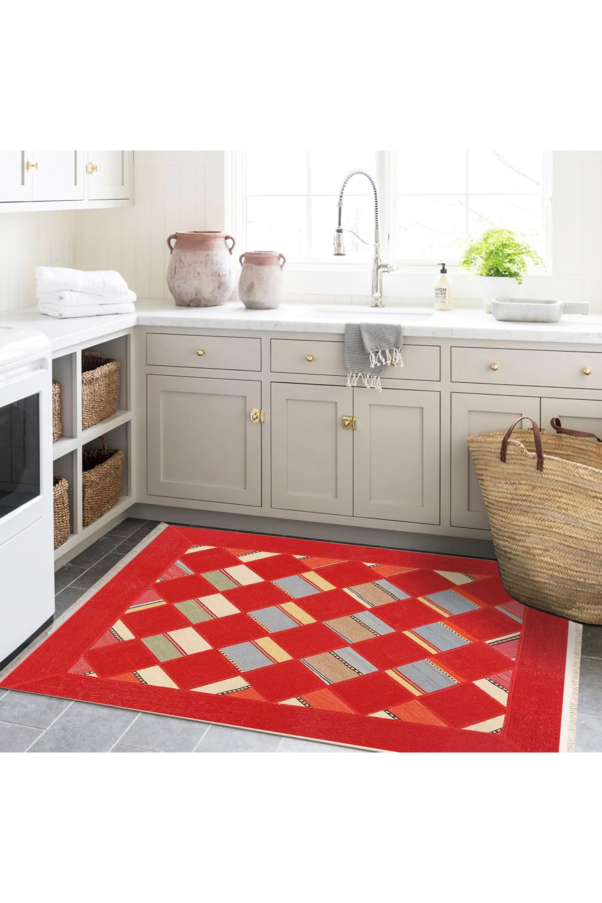 Güney Koleksiyonu Kırmızı Temalı Geometrik Dörtgen Desenli Modern Dekoratif Halı 28