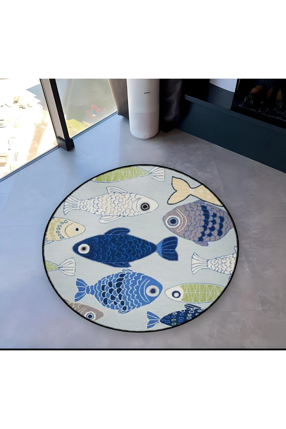 Mira Yuvarlak Mavi Tonlarda Balıklar Dokuma Taban Modern Dekoratif Halı 5546