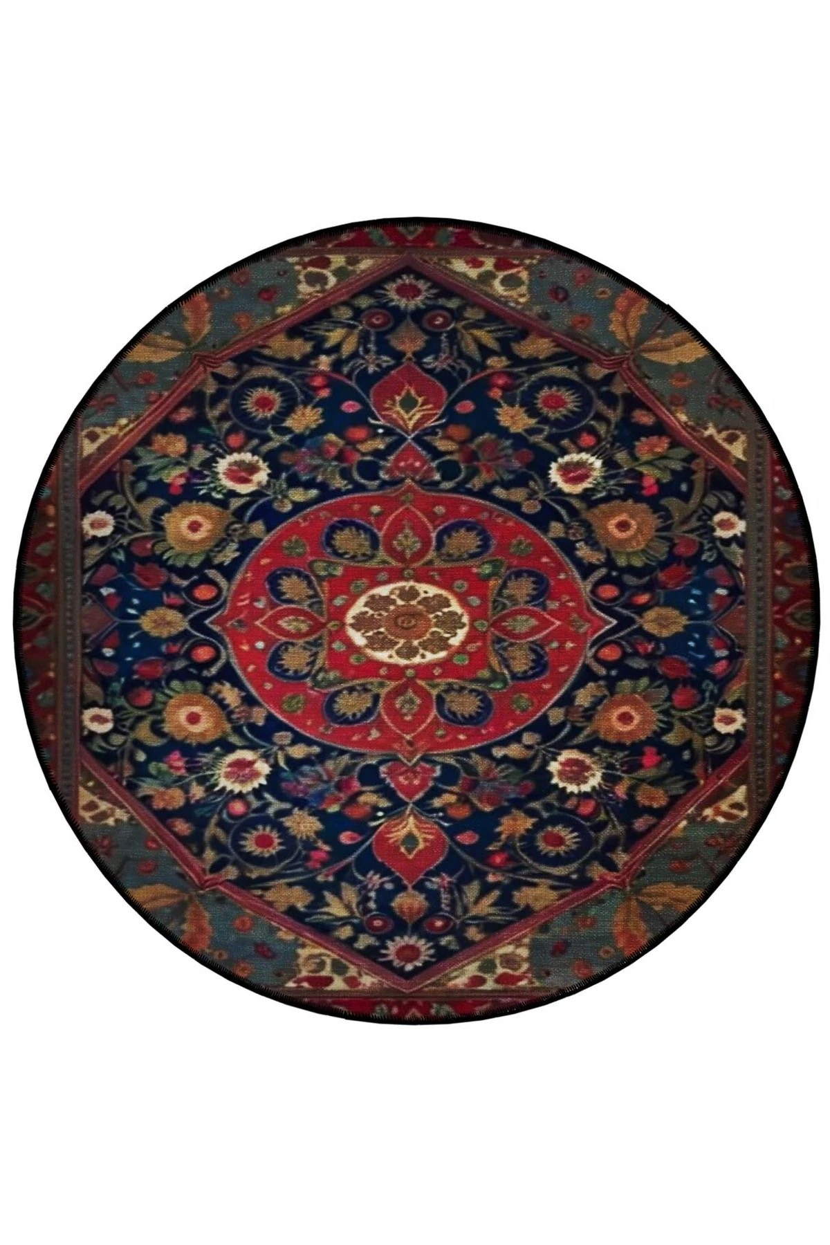 Lacivert Bordo Temalı Geleneksel Desenli Yuvarlak Dokuma Taban Vintage Dekoratif Halı 6214