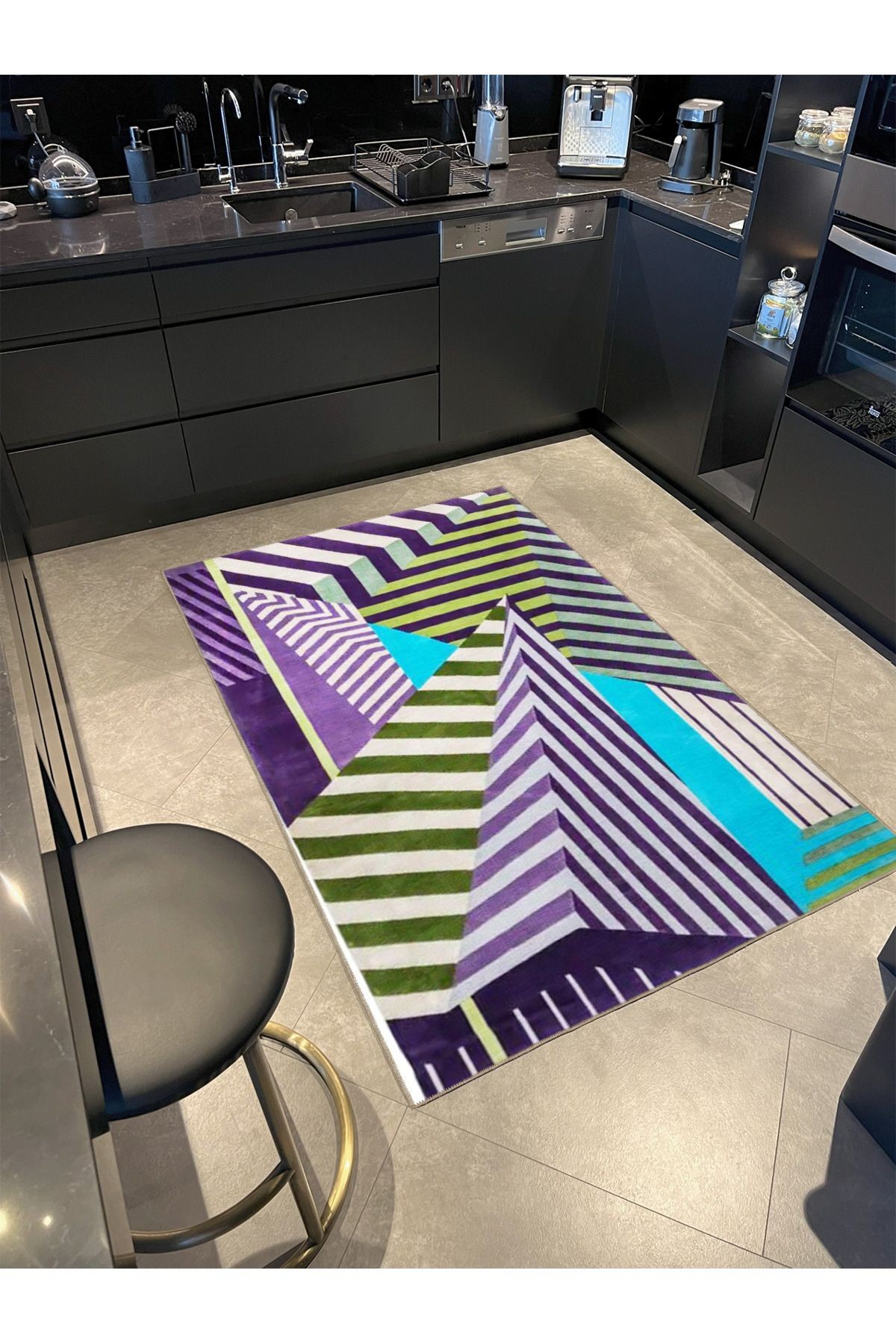 Mor Yeşil Temalı Şerit Geometrik Desenli Kreatif Modern Dekoratif Halı 3499