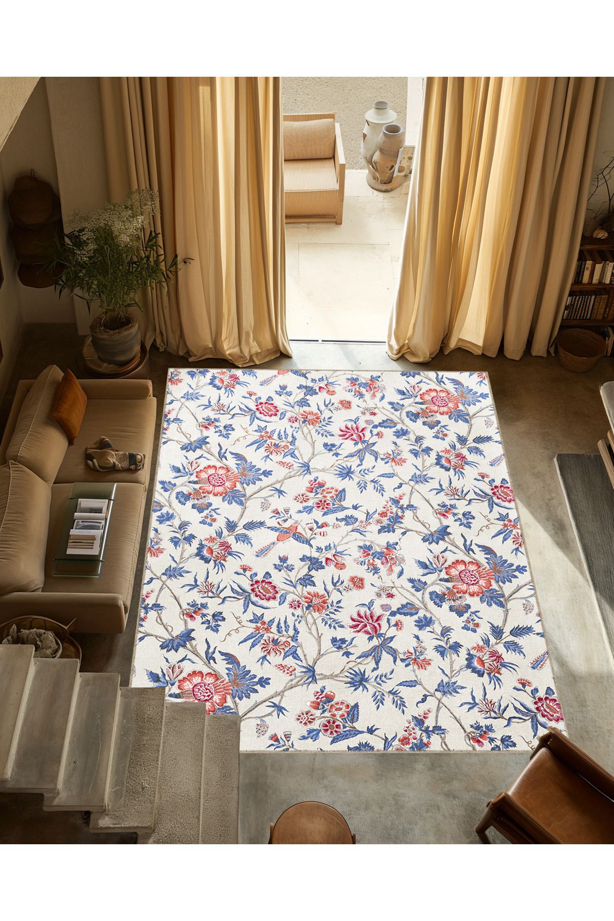 Mavi Kırmızı Temalı Sarmaşık ve Çiçek Desenli Modern Dekoratif Halı 3353