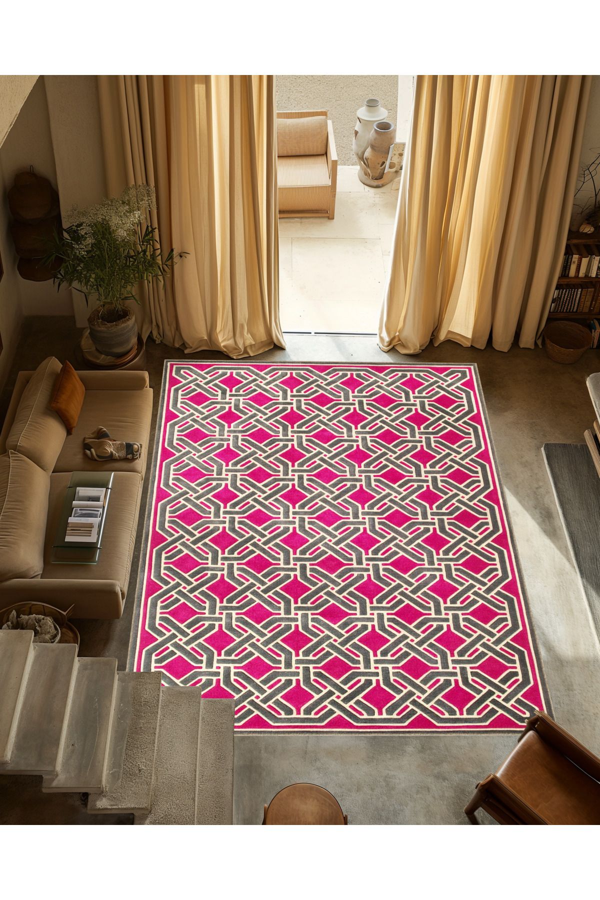 Pembe Temalı Çapraz Geometrik Desenli Modern Dekoratif Halı 3367