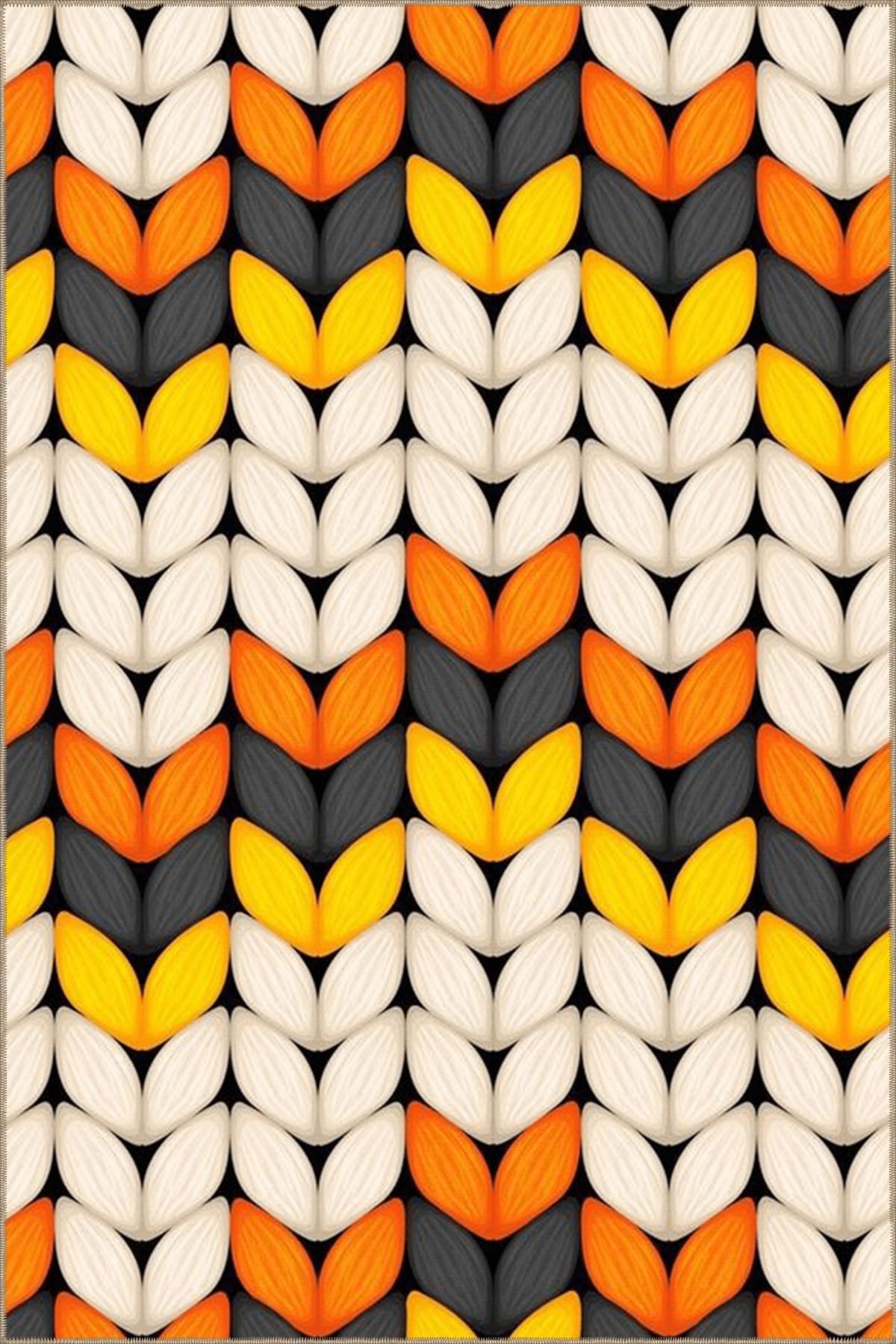Bej Turuncu Temalı Geometrik Yonca Yaprak Desenli Modern Dekoratif Halı 4653