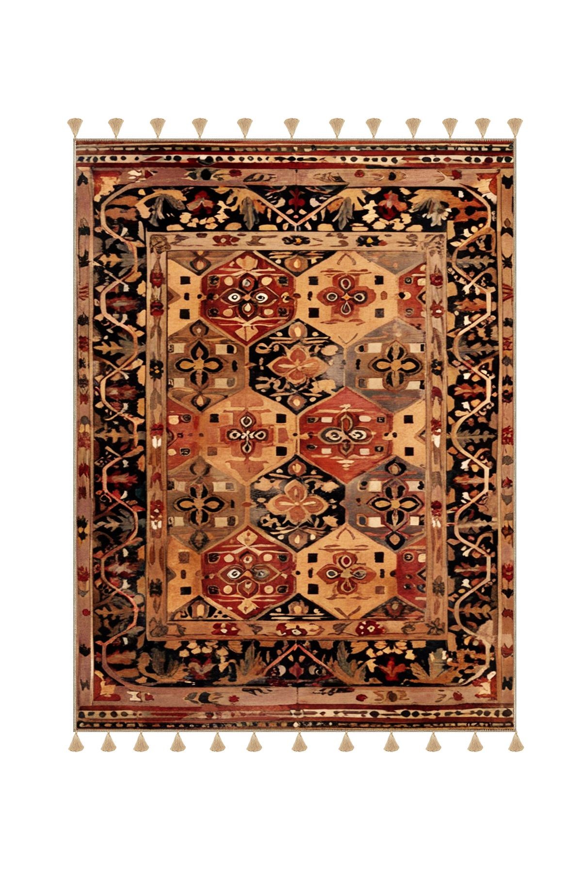 Royal Soyut Geometrik Motifler Desenli Püskül Detaylı Dokuma Taban Dekoratif Halı royal43