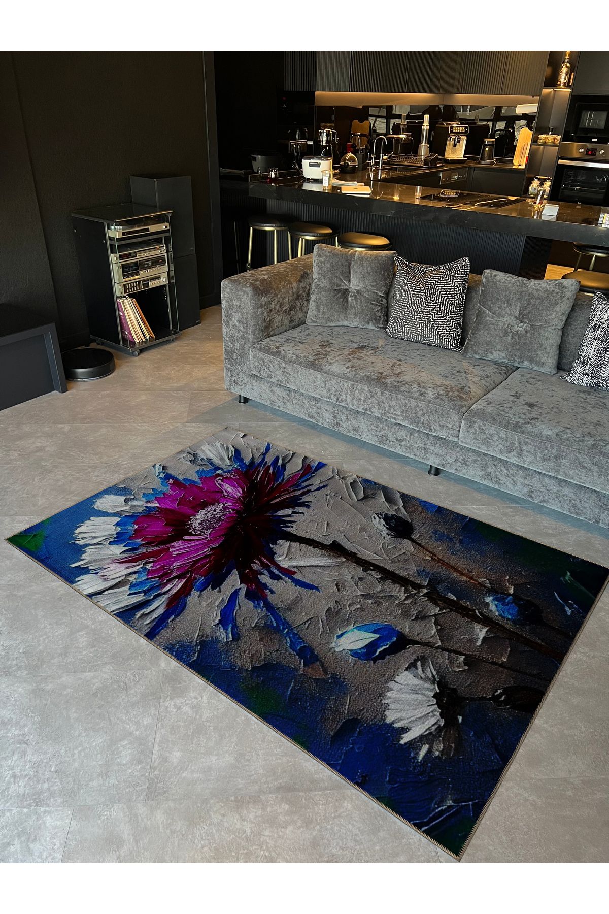 Gri Mavi Pembe Renkler Soyut Floral Çiçek Desenli Modern Dekoratif Halı 5389