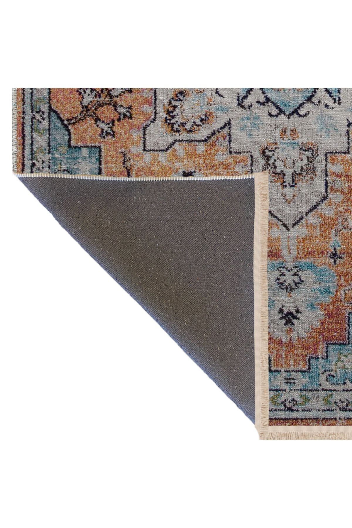 Mavi Turuncu Temalı Geleneksel Motif Desenli Kreatif Vintage Dekoratif Halı 2953