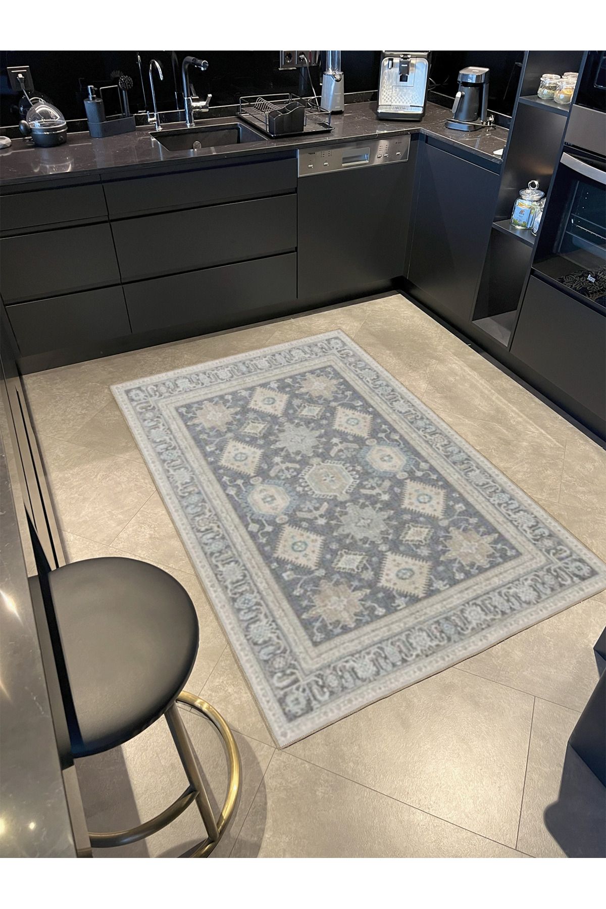 Baklavalı Antrasit Geleneksel Geometrik Desenli Yıkanabilir Dokuma Taban Halı miravip8088