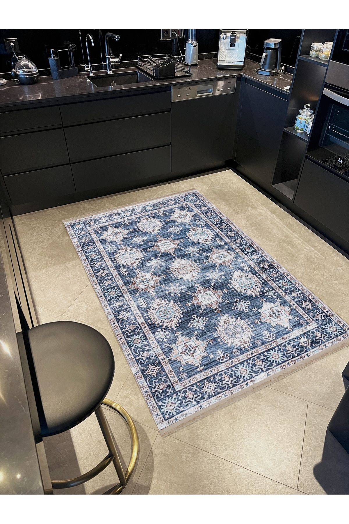 Asya Koleksiyonu Eskitme Görünümlü Mavi Gri Dokuma Taban Modern Dekoratif Halı asya49