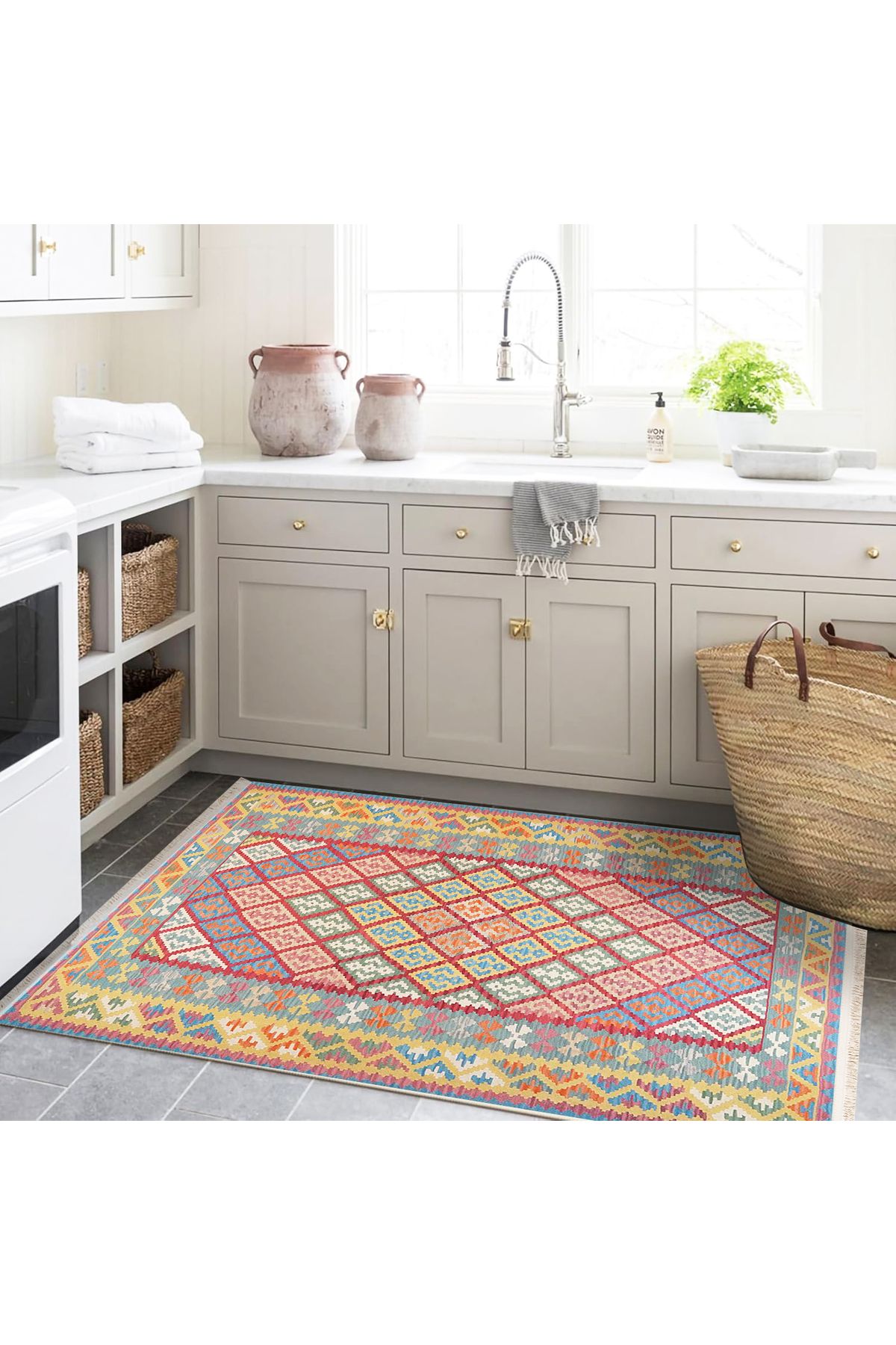 Kuzey Koleksiyonu Sarı Çerçeve Detaylı Çok Renkli Etnik Desenli Dokuma Taban Dekoratif Halı kuzey45