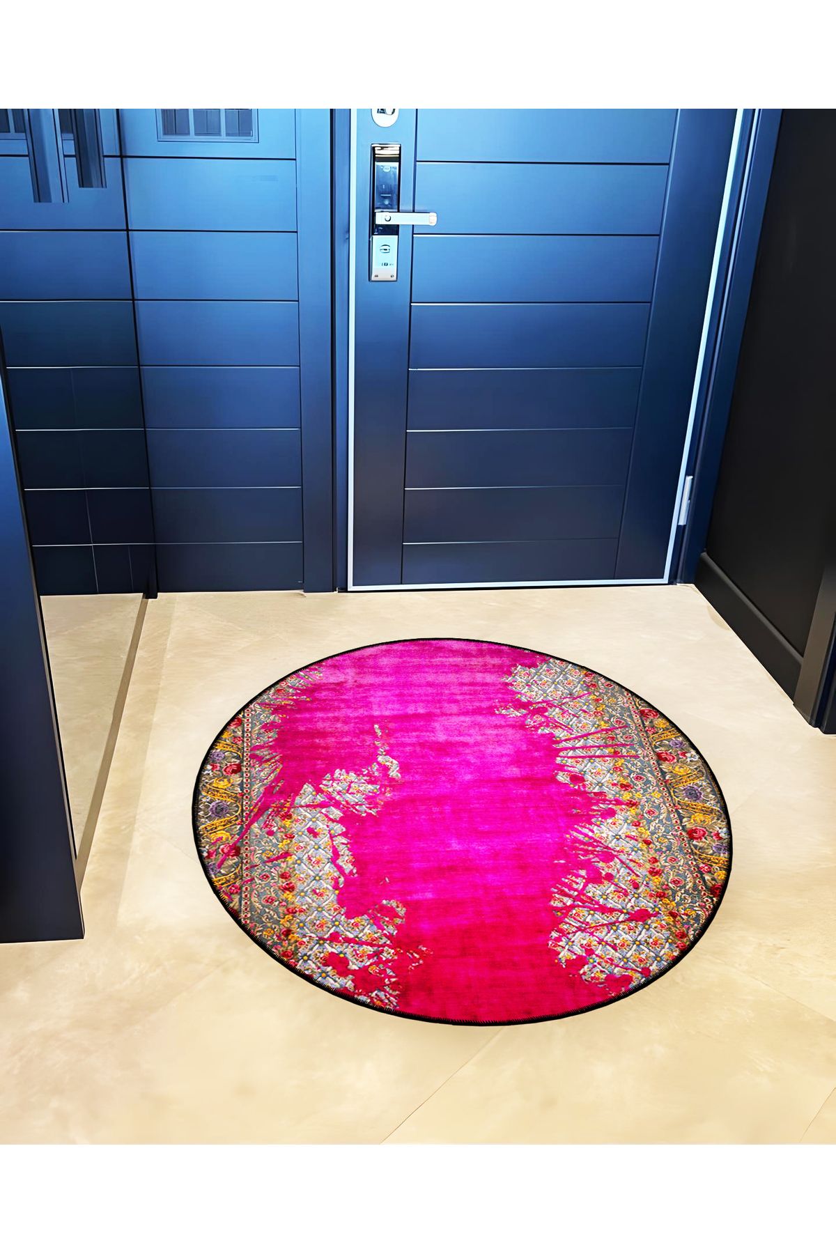 Mira Yuvarlak Antik Zeminde Pembe Karışık Çizgiler Detaylı Dokuma Taban Modern Dekoratif Halı 5700