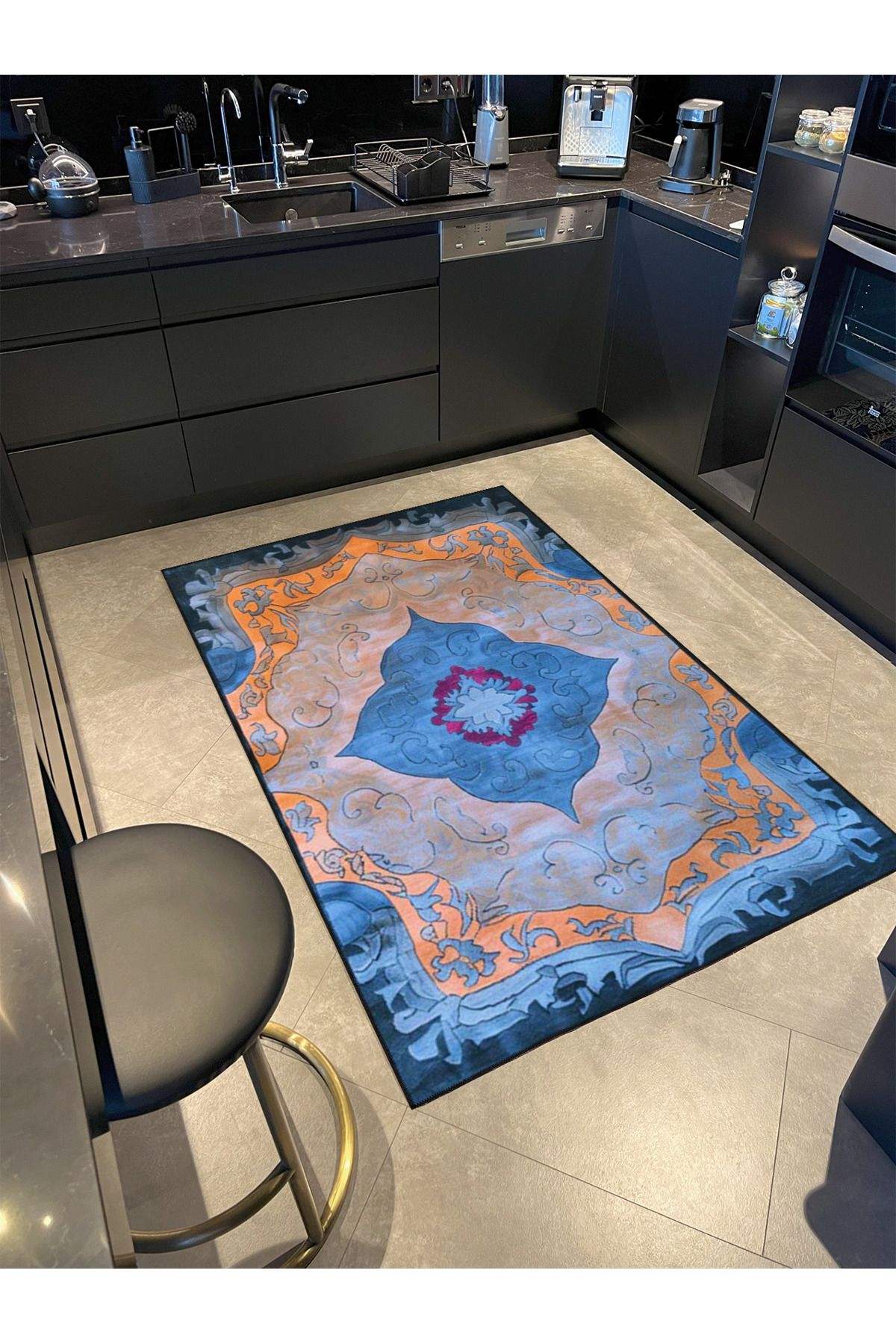 Paris Koleksiyonu Mavi Temalı Geleneksel Motif Desenli Vintage Dekoratif Halı 120