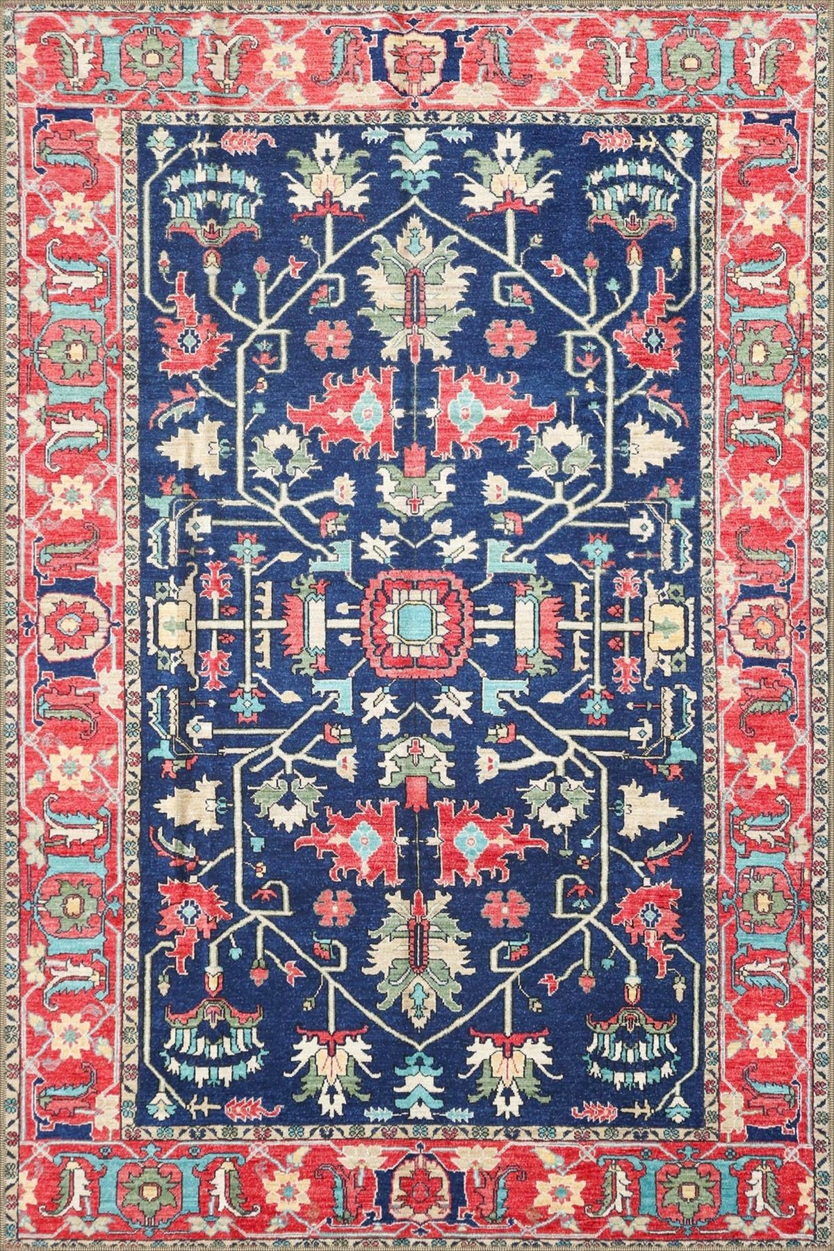 Kapalı Mavi Kırmızı Geleneksel Temalı Desenli Dokuma Taban Halı ve Yıkanabilir Halı aloha63