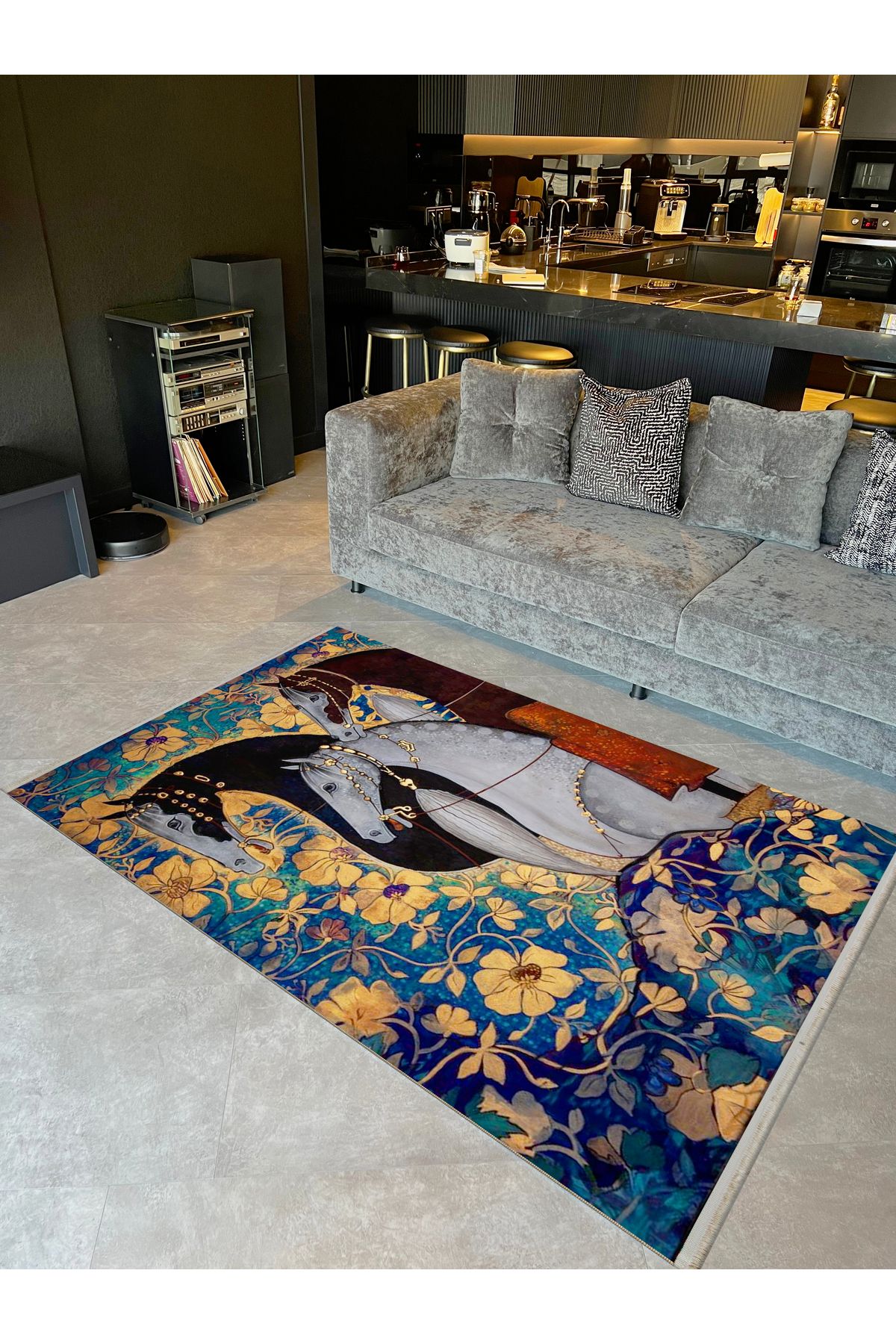Yılmaz Koleksiyonu Çiçek Temalı Üç Asil At Desenli Dokuma Taban Modern Dekoratif Halı yılmaz27