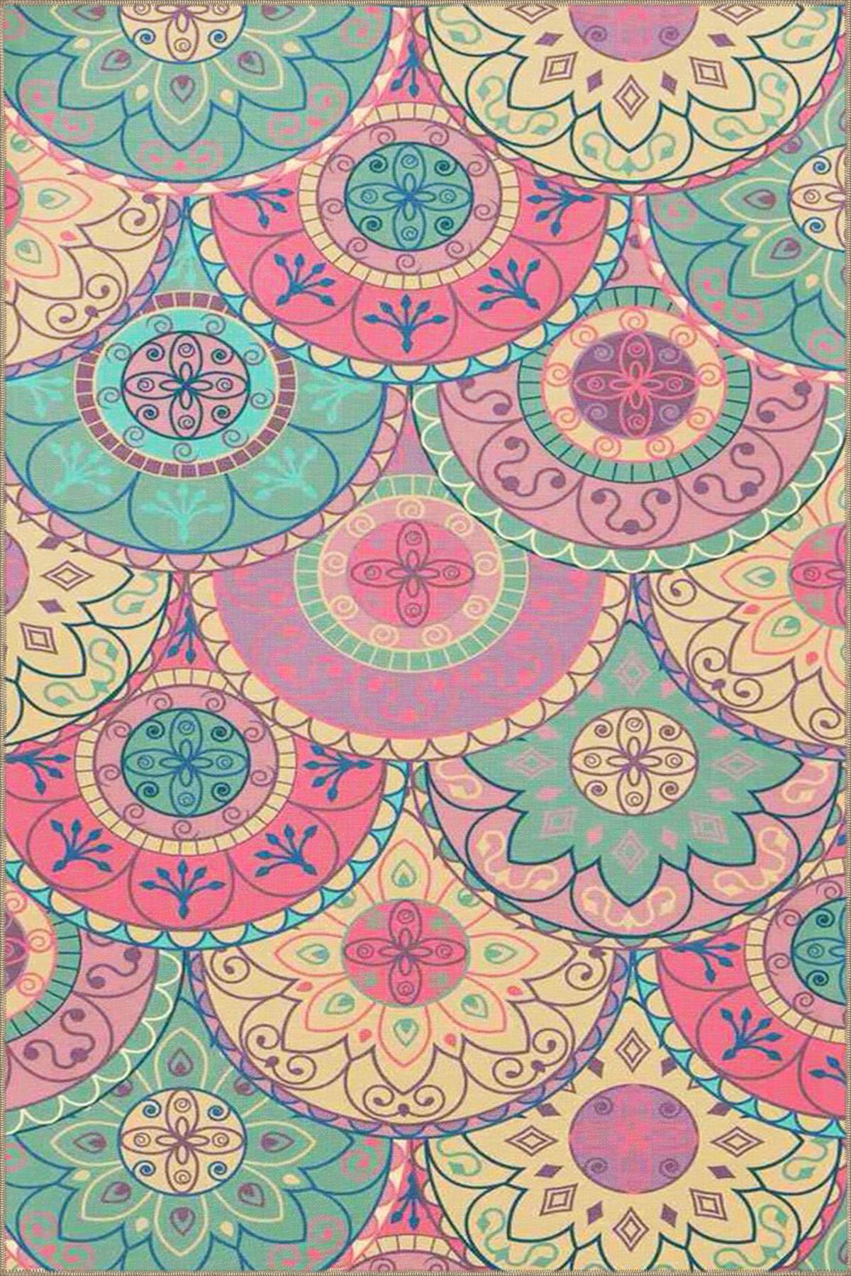 Pembe Tonlarda Disk Desenli Modern Dekoratif Halı 4423