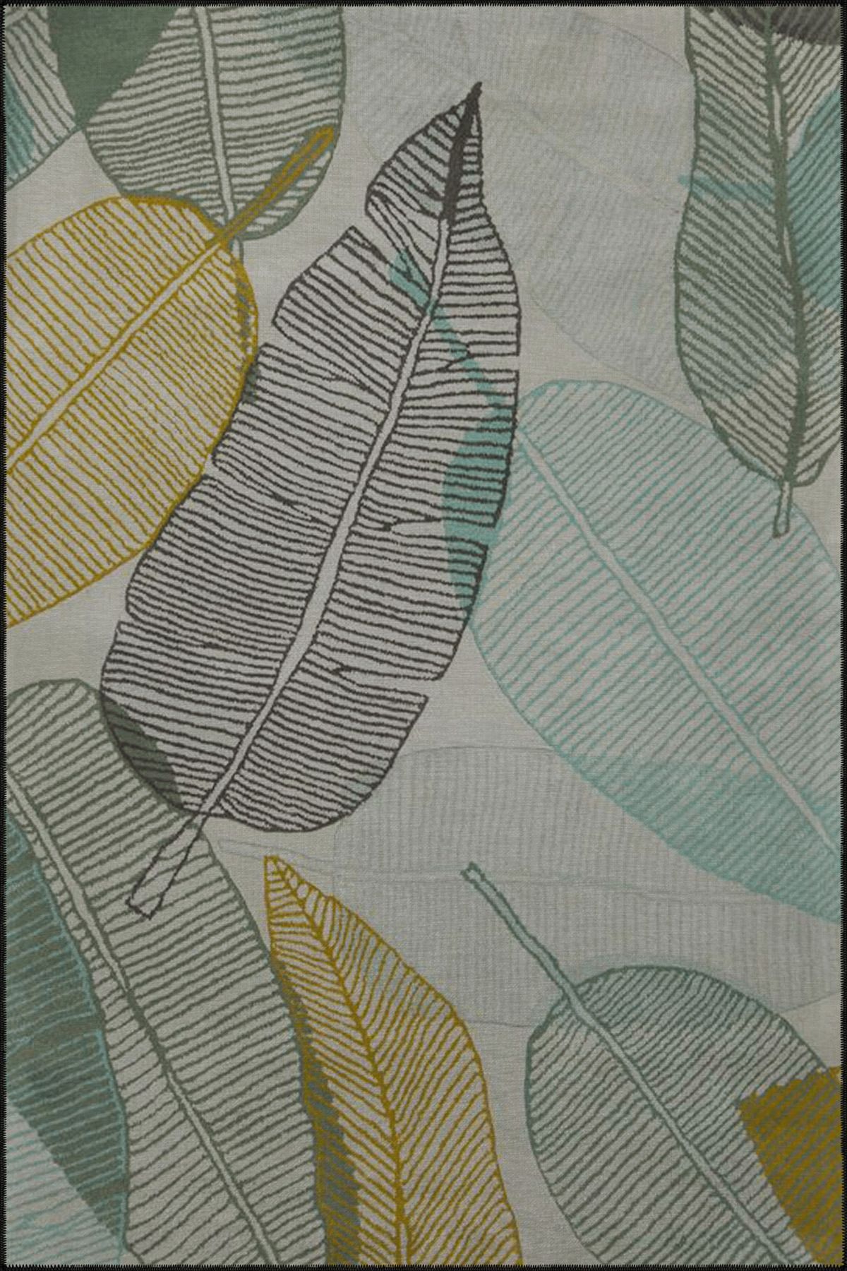 Yeşil ve Gri Renkli Yapraklı Desenli Dokuma Taban Halı miravip313