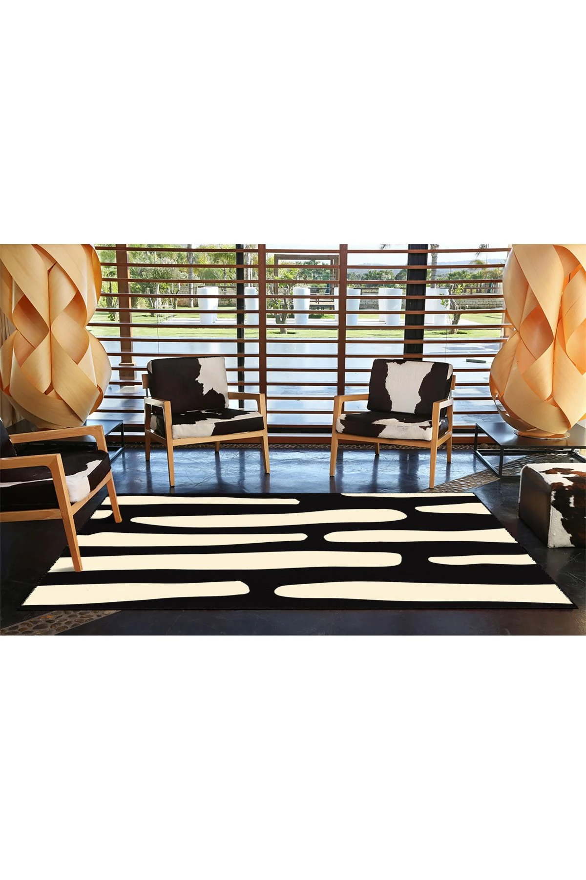 Siyah Krem Modern Desenli Dokuma Taban ve Yıkanabilir Halı miravip9502