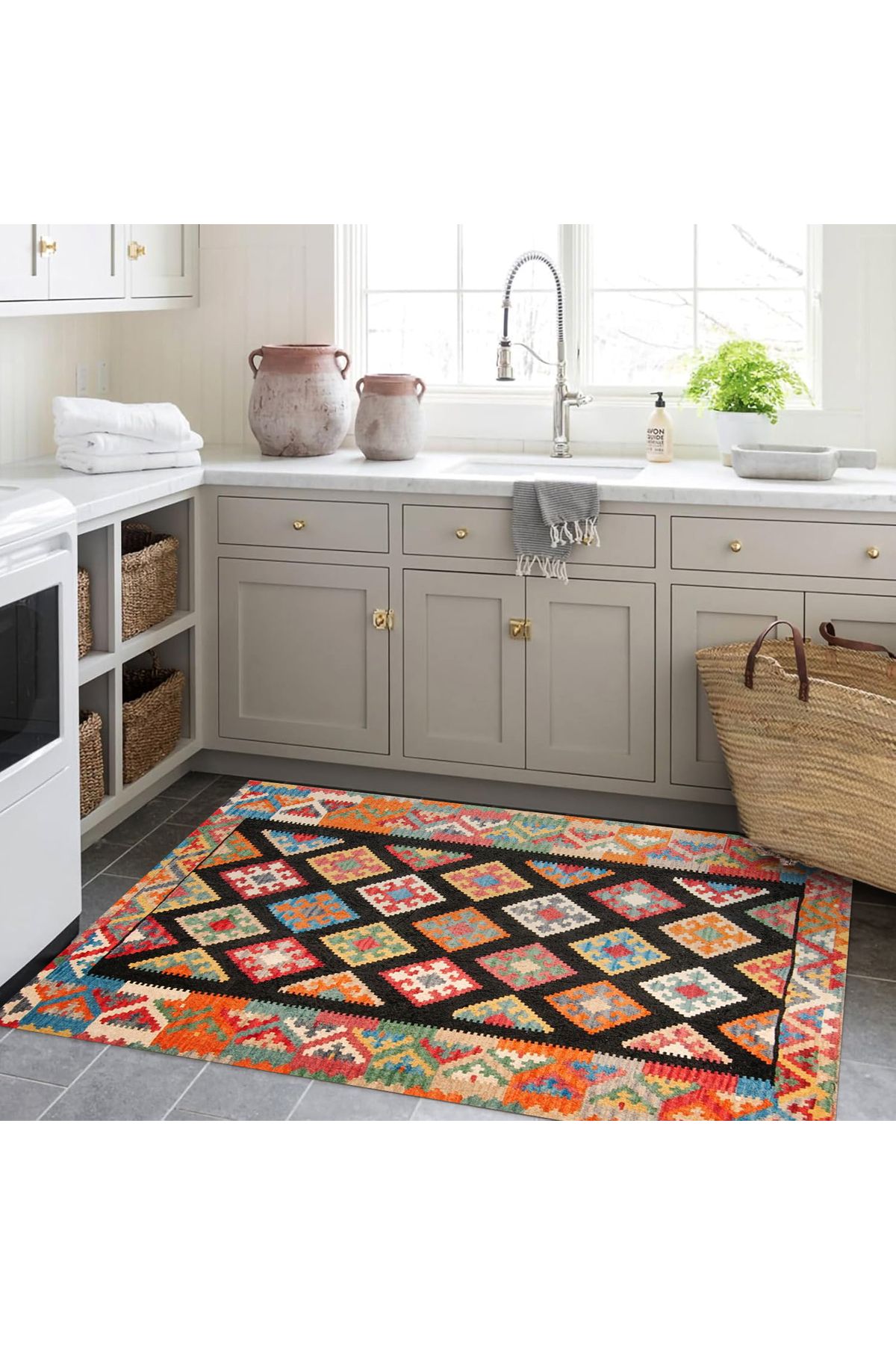 Aysu Koleksiyonu Çok Renkli Etnik Desenli Siyah Detaylı Dokuma Taban Modern Dekoratif Halı aysu12