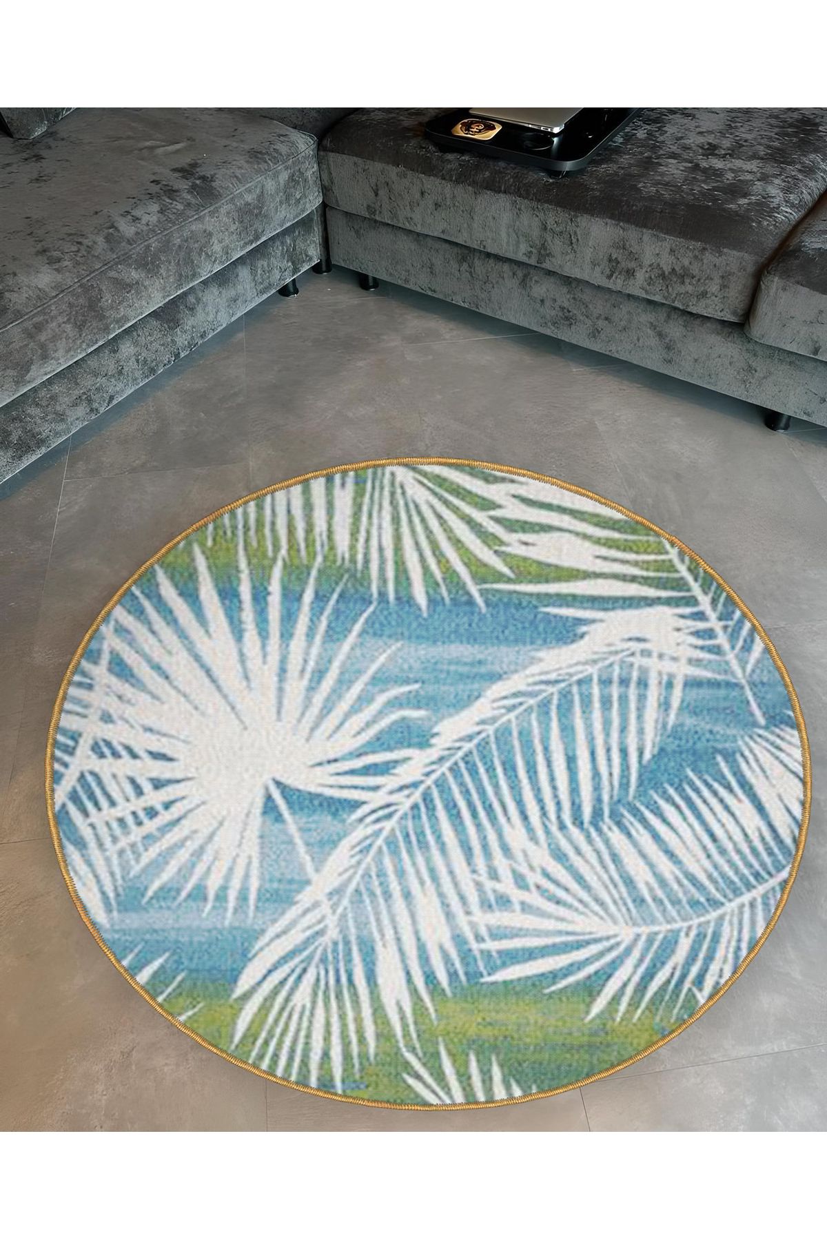 Mira Yuvarlak Mavi Yeşil Tonlarda Tropikal Yaprak Desenli Dokuma Taban Modern Dekoratif Halı 5599