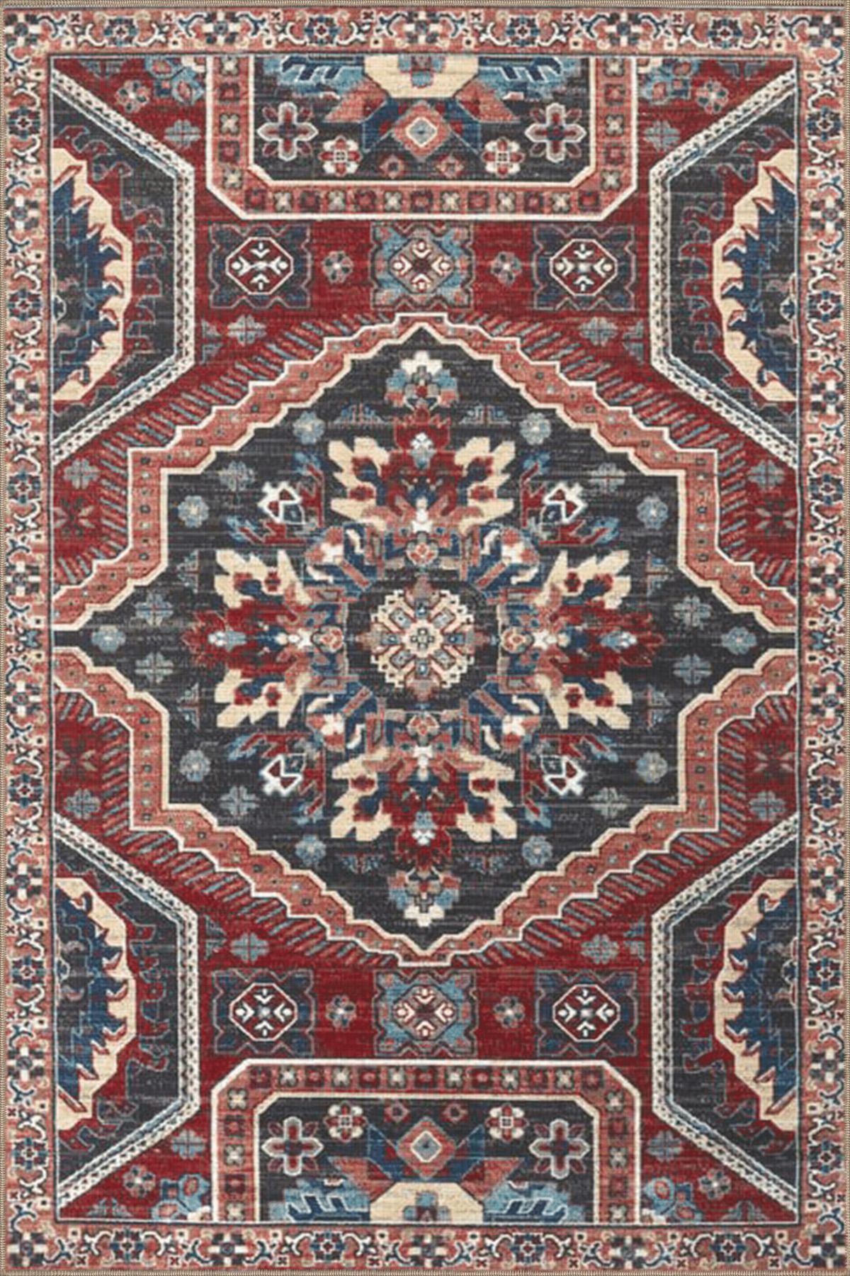 Bordo Gri Temalı Geleneksel Motif Etnik Desenli Vintage Dekoratif Halı 3865
