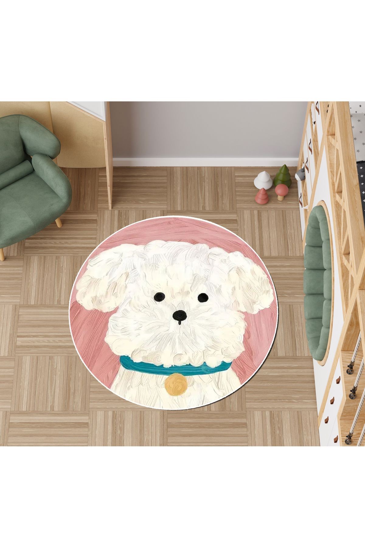 Alya Koleksiyonu Pastel Tonlarda Sevimli Köpek Detaylı Dokuma Taban Yuvarlak Dekoratif Halı alya95