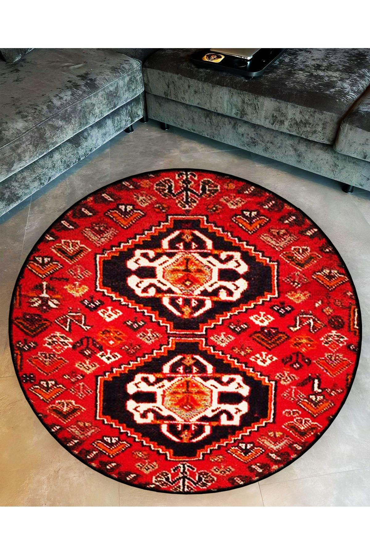Kırmızı Temalı Geleneksel Motif Desenli Yuvarlak Dokuma Taban Vintage Dekoratif Halı 6220