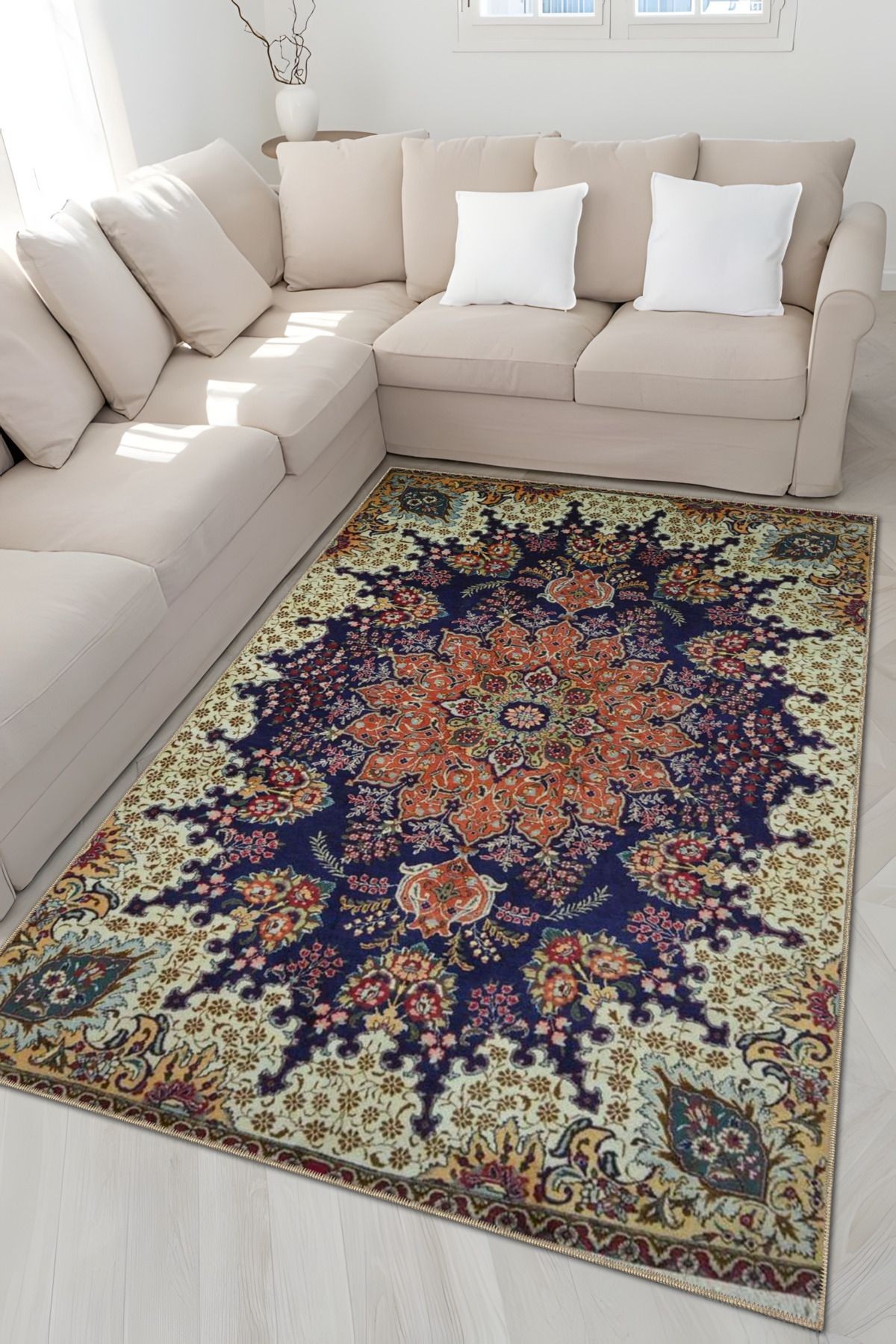 Bej Lacivert Temalı Çok Renkli Geleneksel Motif Çiçek Desenli Etnik Vintage Dekoratif Halı 4897