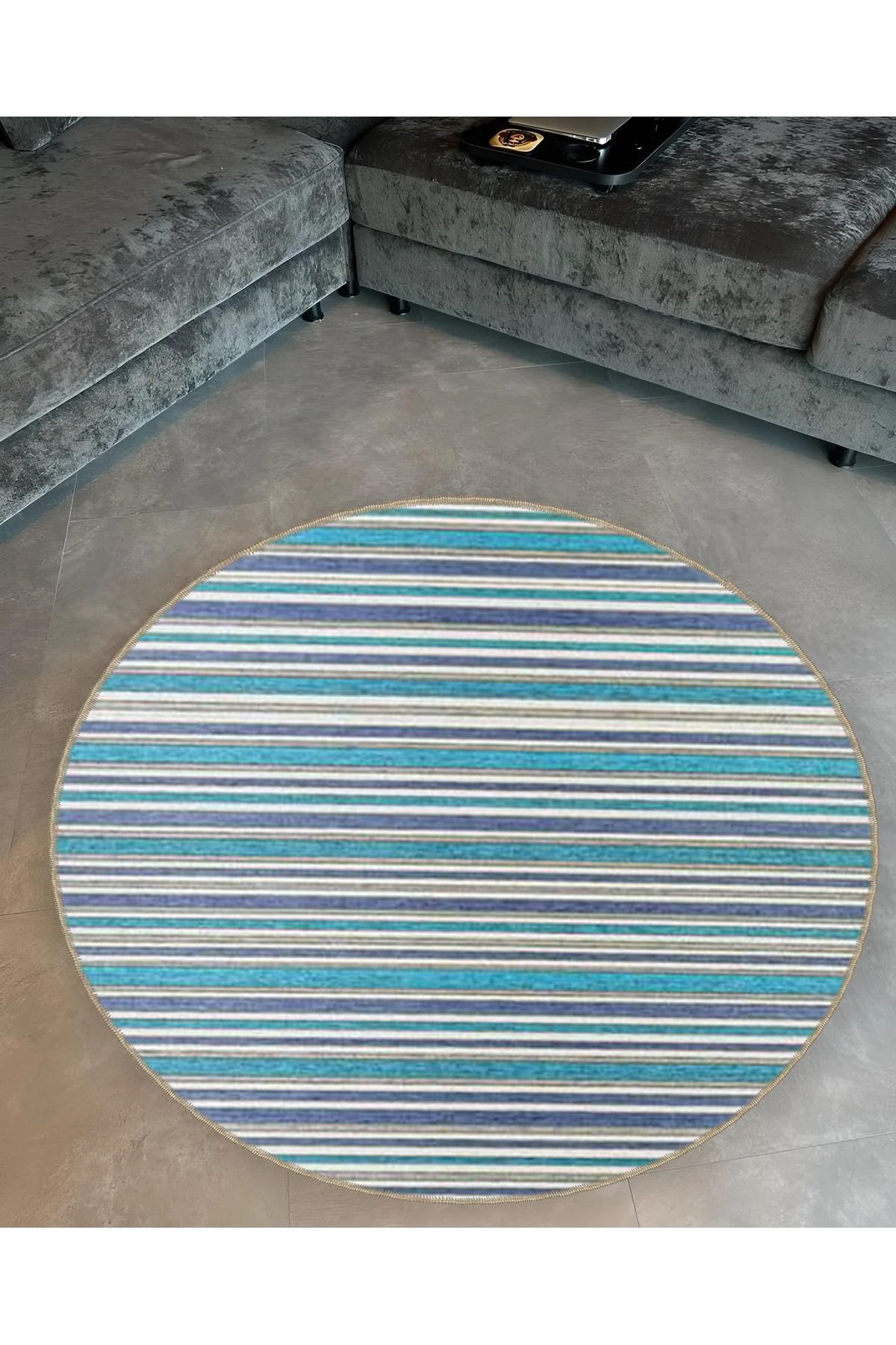 Mira Yuvarlak Mavi Yeşil Çizgi Detaylı Dokuma Taban Modern Dekoratif Halı 5562
