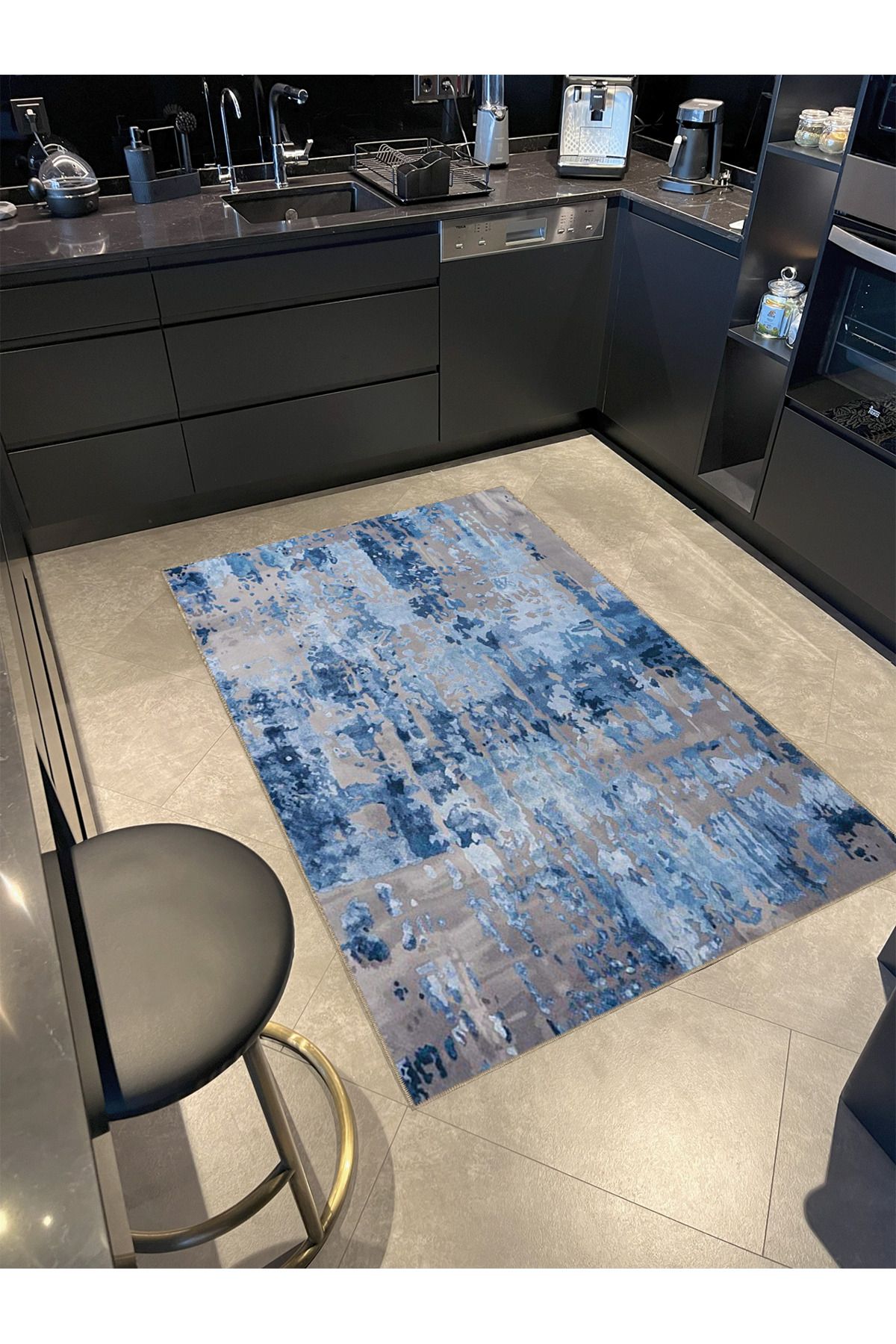 Mavi Gri Temalı Abstract Soyut Desenli Kreatif Modern Dekoratif Halı 3989