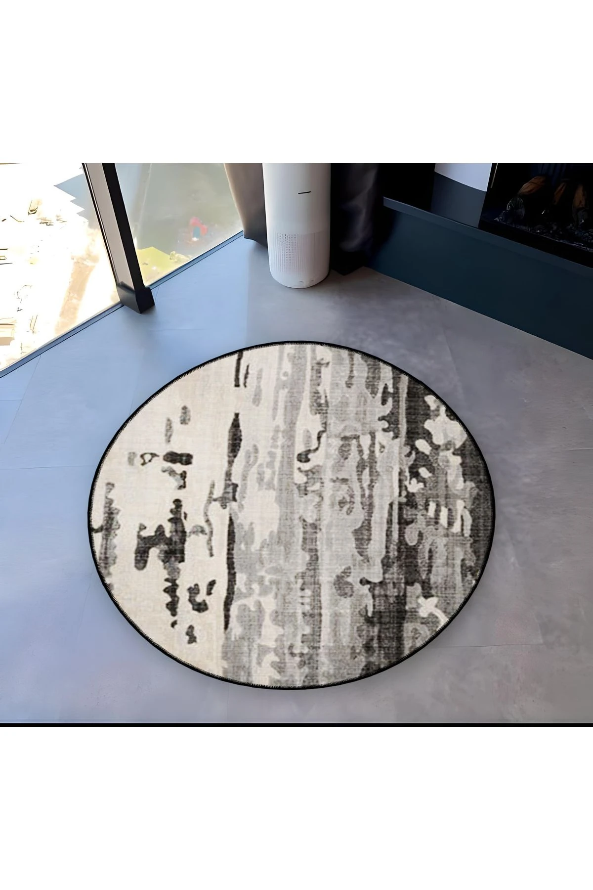 Mira Yuvarlak Siyah Beyaz Soyut Detaylı Dokuma Taban Modern Dekoratif Halı 5589