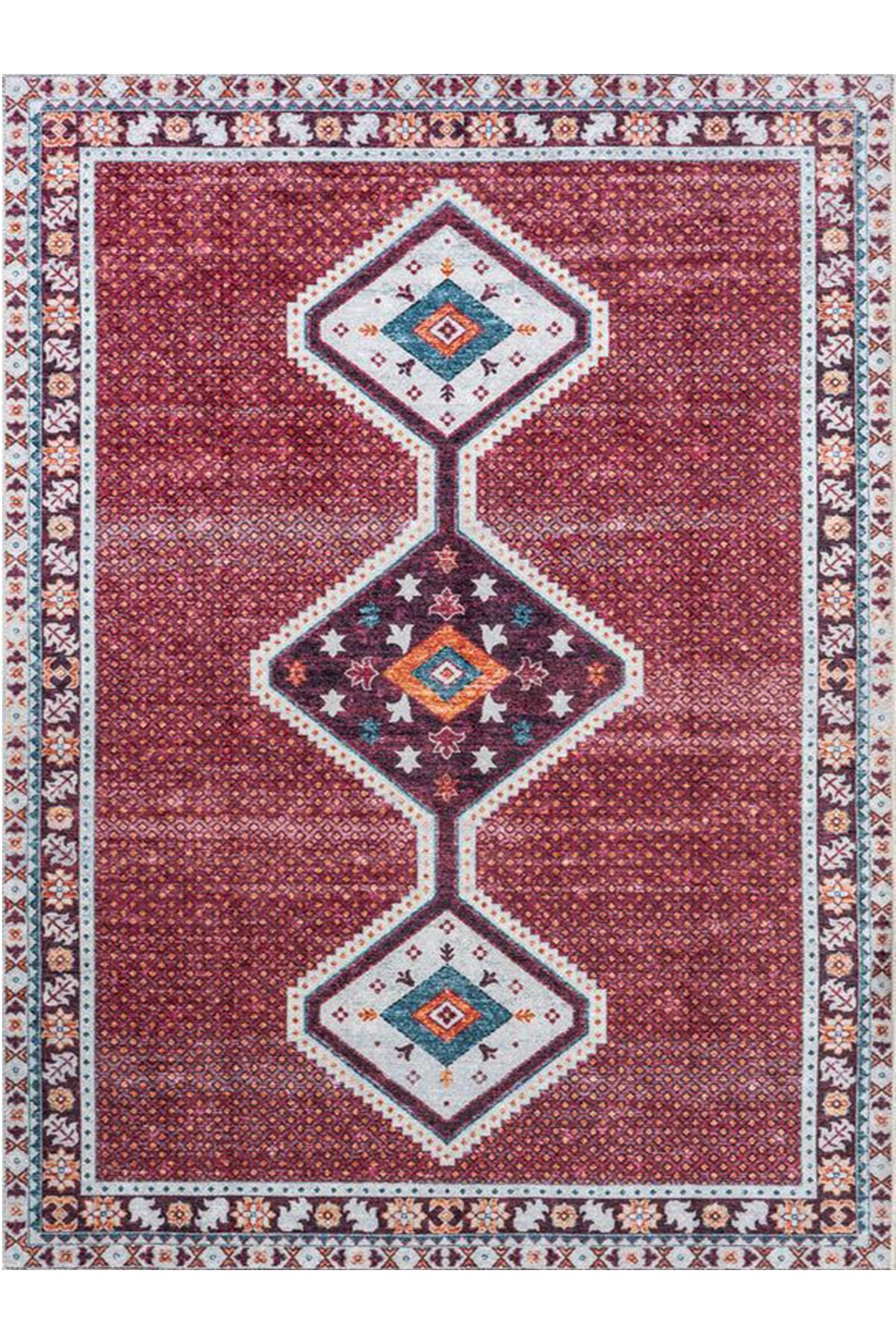 Asena Koleksiyonu Bordo Ton Etnik Motifli ve Geleneksel Desenli Vintage Dekoratif Halı 25