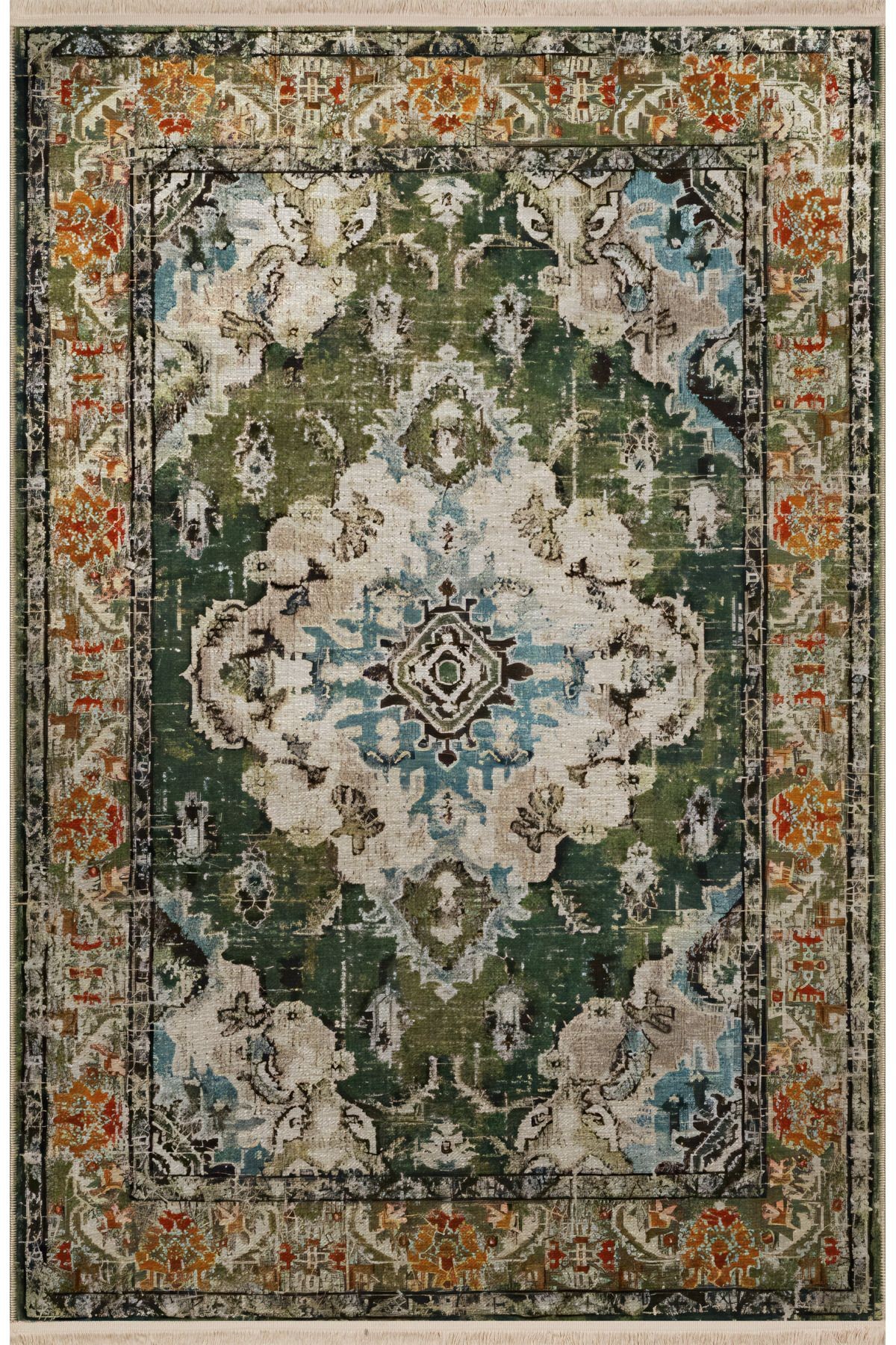 Yeşil Haki Bej Temalı Geleneksel Motif Etnik Desenli Kreatif Vintage Dekoratif Halı 2386
