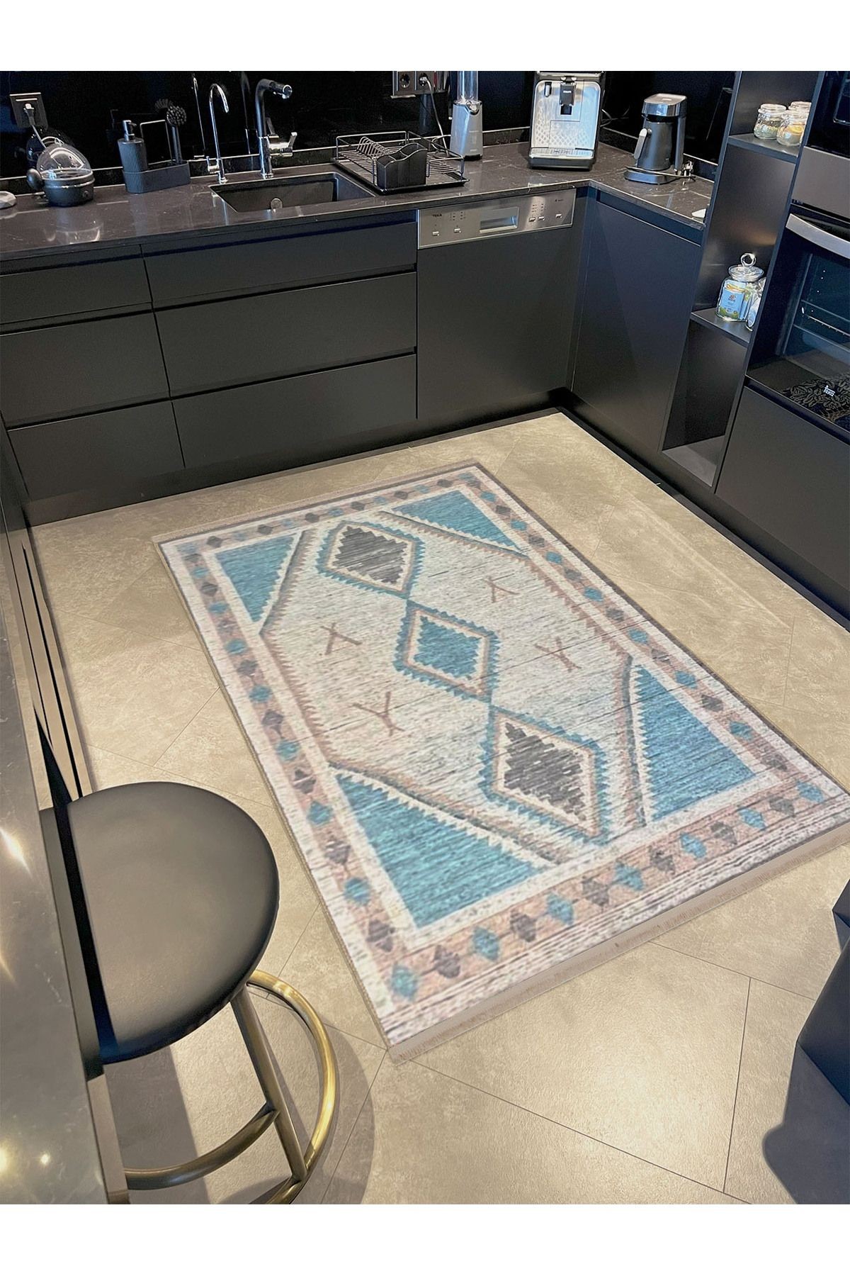 Emre Koleksiyonu Mavi Gri Ton Geleneksel Motif Desenli Dokuma Taban Vintage Dekoratif Halı 23