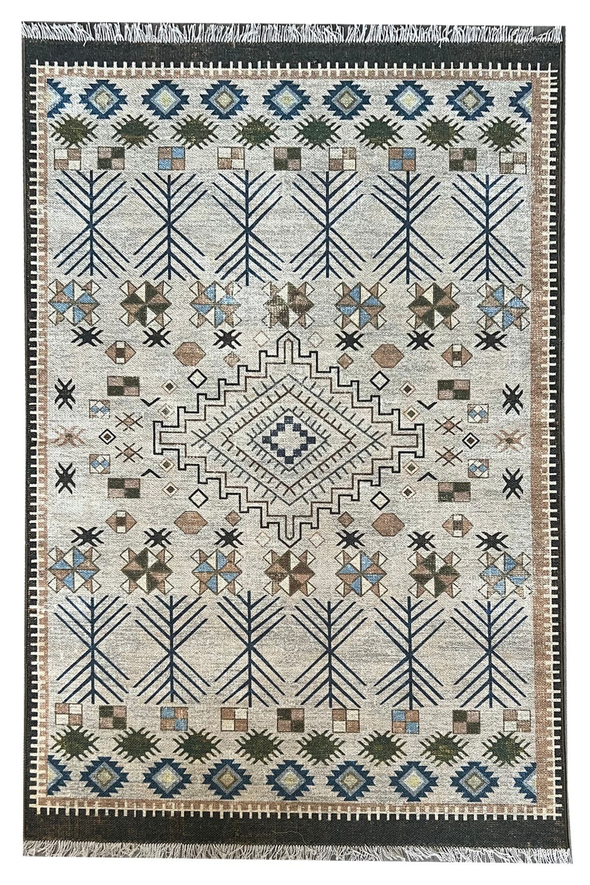 Cotton 568 Etnik Haki Bej Saçaklı Etnik Dokuma Taban Kilim