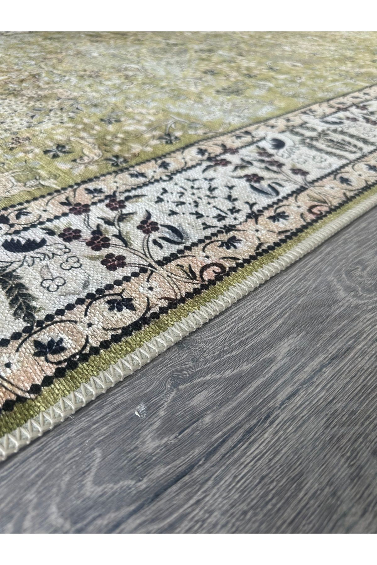 Yeşil Bej Temalı Geleneksel Motif Etnik Çiçek Desenli Kreatif Vintage Dekoratif Halı 2782